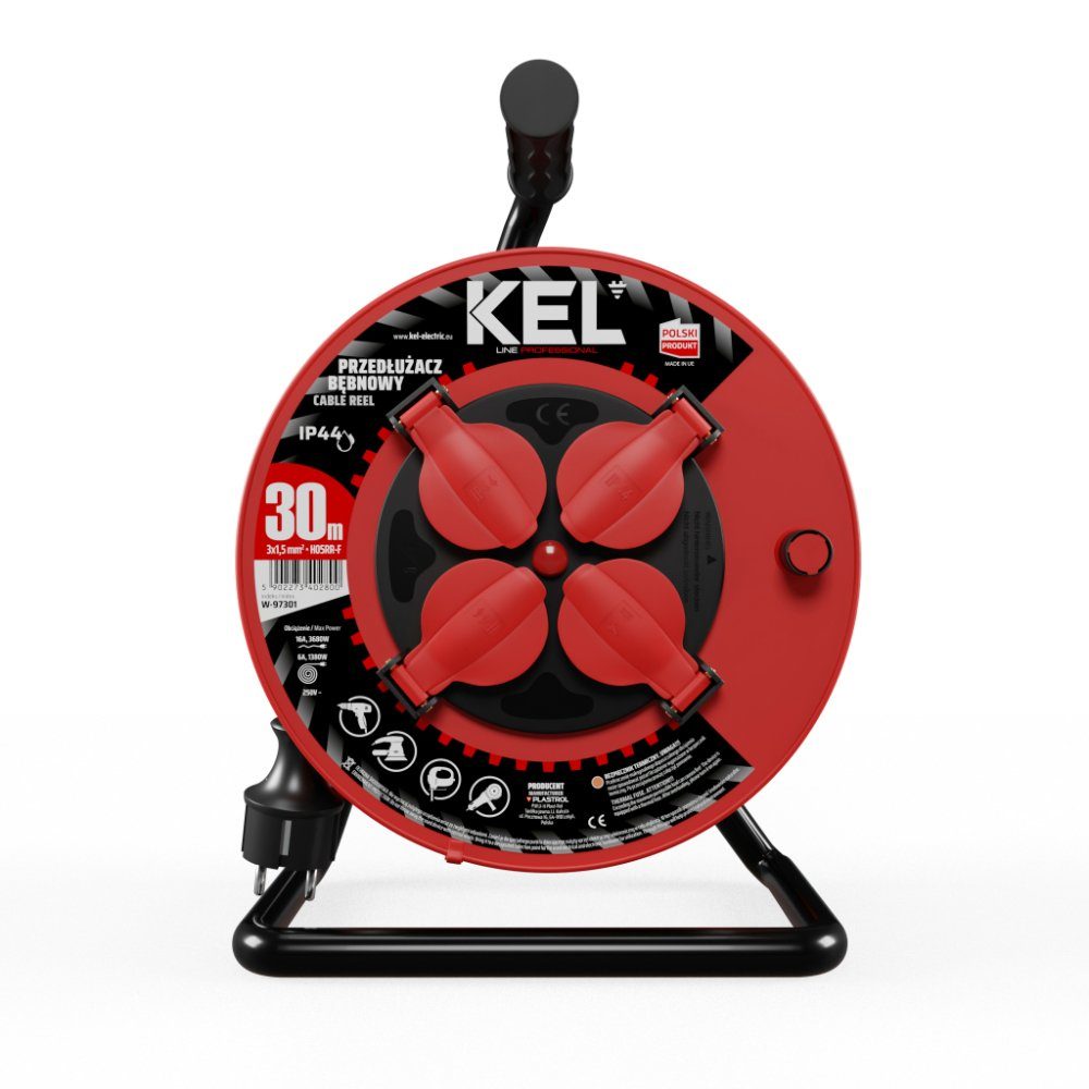 Plastrol Kabeltrommel Verlängerungskabel 4x2P+PE Schuko IP44 16A 3x1,5 30m Kabeltrommel 4-fach (Kabellänge 30 m)