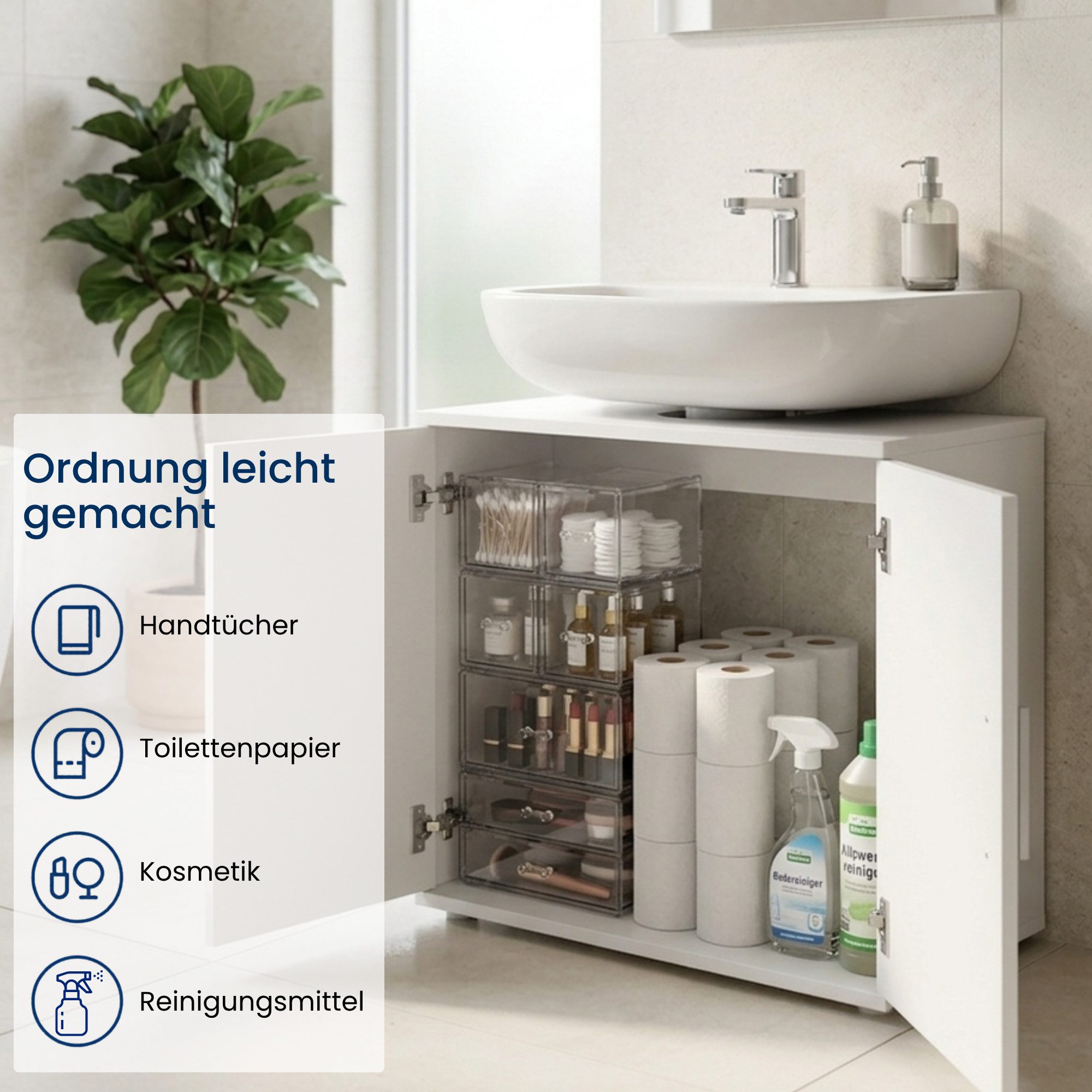 Home Collective Waschbeckenunterschrank Badezimmerschrank Badschrank Badmöbel mit 2 Türen, Made in Germany Badunterschrank mit herausnehmbarem Einlegeboden Weiß – Bild 5 von 5