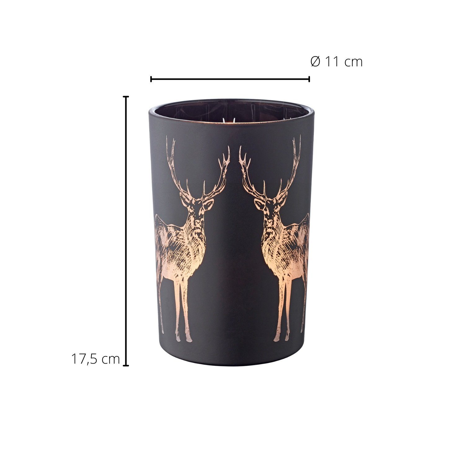 EDZARD Windlicht Hirsch-Motiv cm, in mit Gold-Optik, Tiu, cm, Design Kerzenglas im Ø 12 zeitlosen Teelichtglas Höhe 18