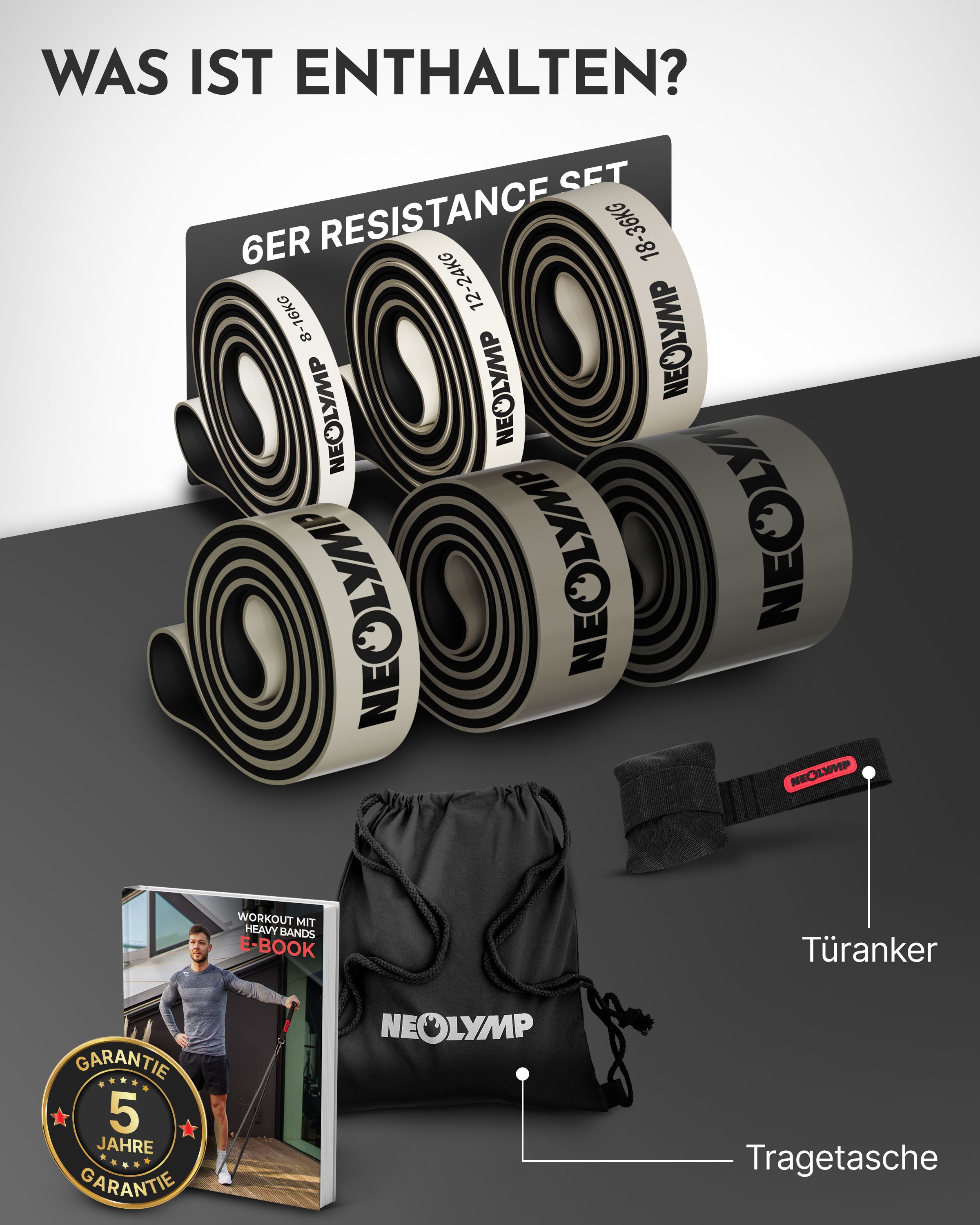 NEOLYMP Trainingsbänder Resistance Bands - Gym Zubehör für Ganzkörpertraining - Klimmzug Band, Kein Spannungsverlust,Hygienisch, Mehrschichtig, Naturlatex, Belastbar