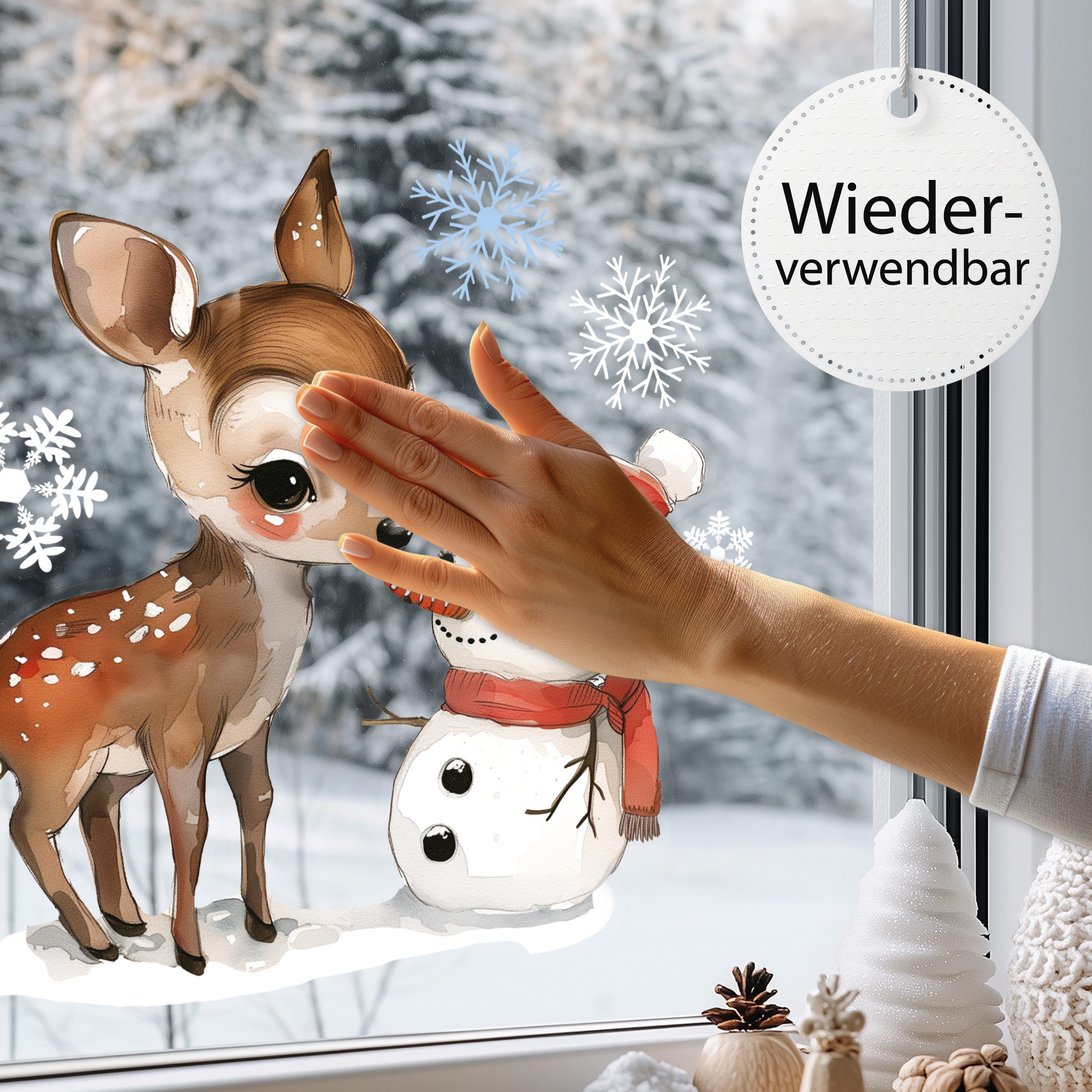 Sunnywall Fensterdekoration Kinderzimmer Fensterbild Winter Reh mit Schneemann