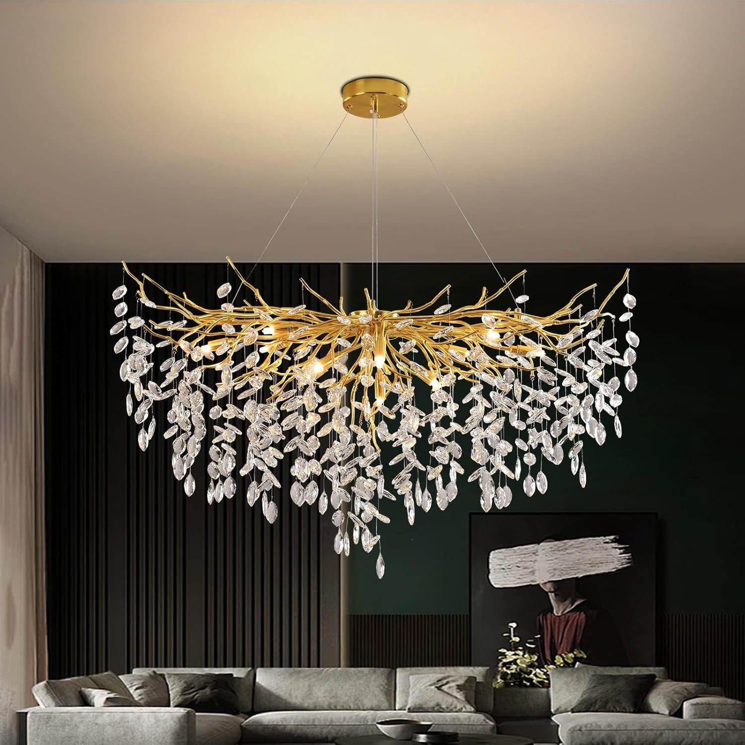 RRBEST Kronleuchter Modern Kronleuchter Kristall Leuchte, Luxus Kristall Pendelleuchte, Dimmbar Kristall Hängeleuchte, für Esszimmer, Wohnzimmer, Schlafzimmer