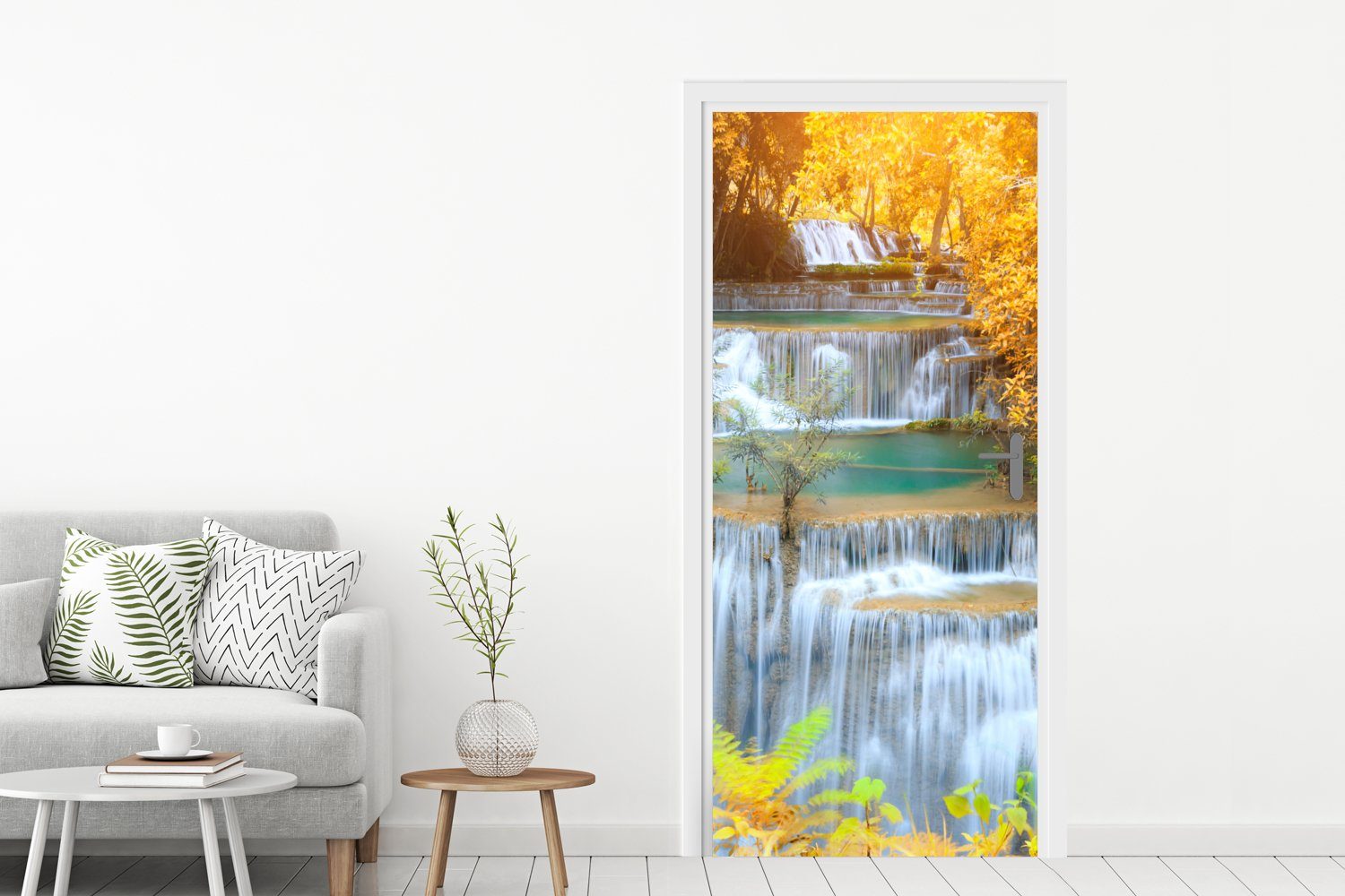 MuchoWow Türtapete Wasserfall - Herbst Bäume 75x205 Fototapete - Türaufkleber, Wasser, cm Tür, für - - (1 Braun Matt, St), bedruckt