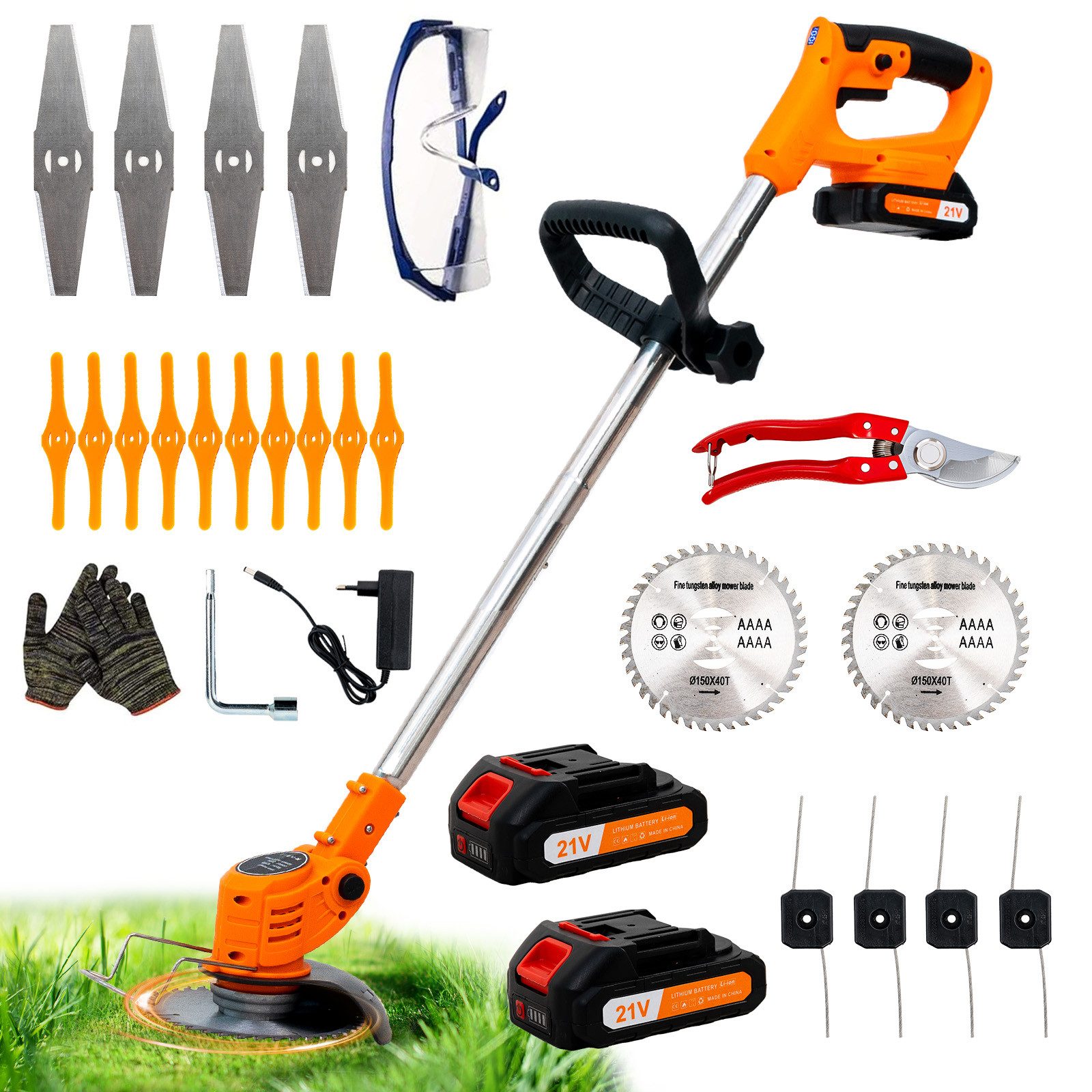 OUTIGO Akkurasenmäher Akku Rasentrimmer, 2 Akkus und 4 Messertypen, KF8L, Akku Rasentrimmer Akkurasenmäher, Feste Länge 124 cm