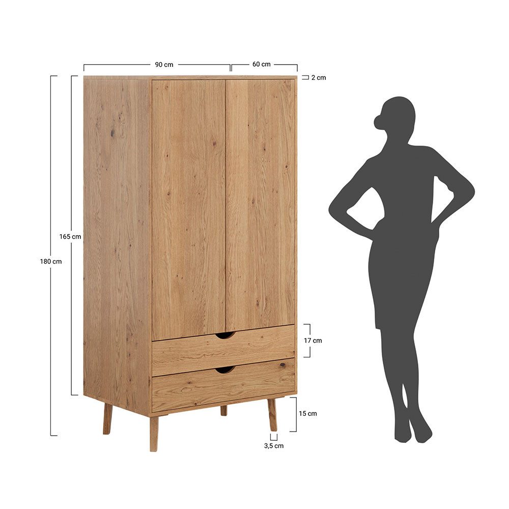 Feldmann-Wohnen Kleiderschrank Simona (mit Türen, mit Schubladen, mit Kleiderstange, 1-St., Massivholz, geölte Oberfläche) 90x60x180cm Massivholz geölt Eiche Natur