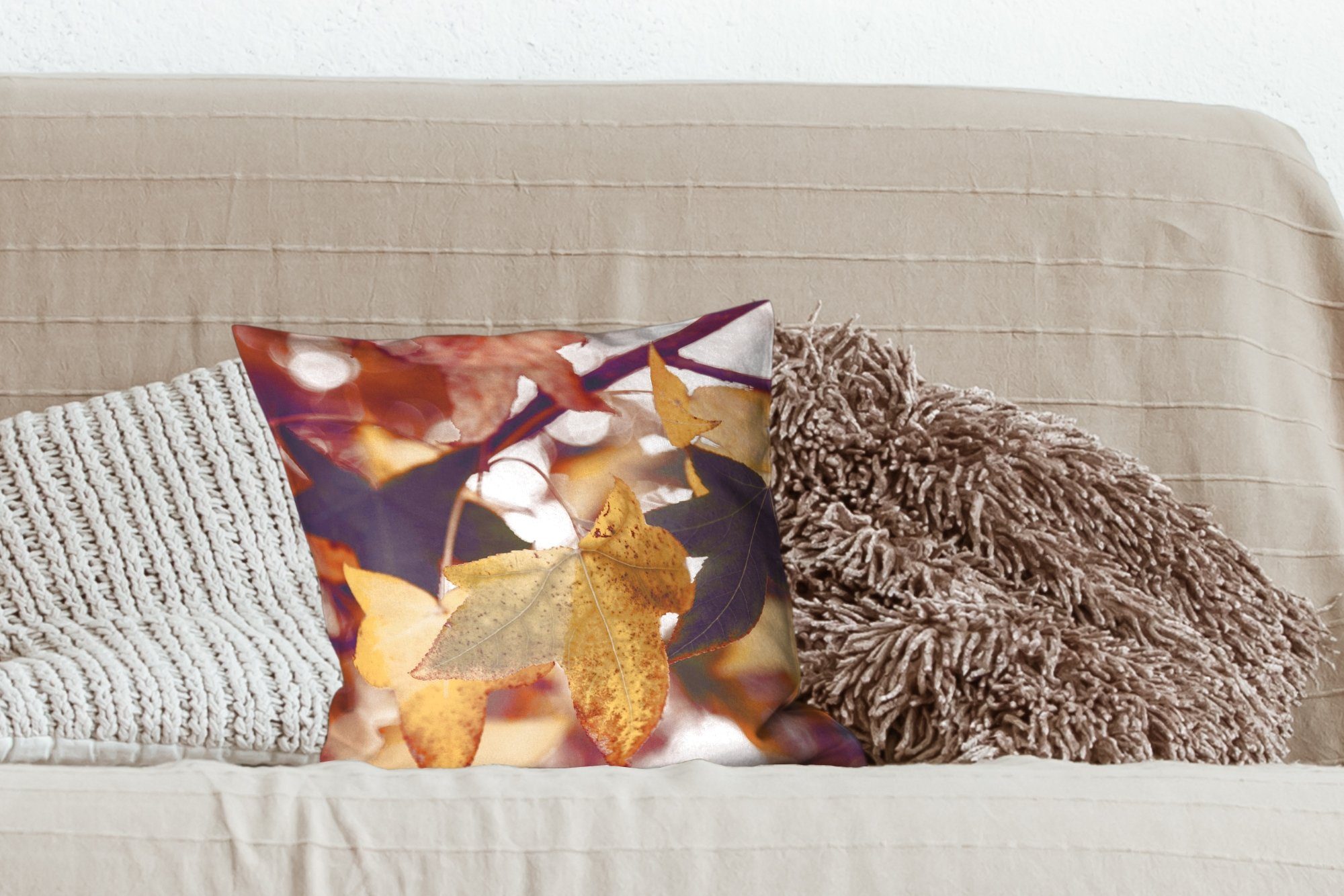 Schlafzimmer, MuchoWow Dekokissen Blätter Füllung Ahorn Herbst - Wohzimmer, für mit - Deko, Jahreszeiten, - Sofakissen Zierkissen