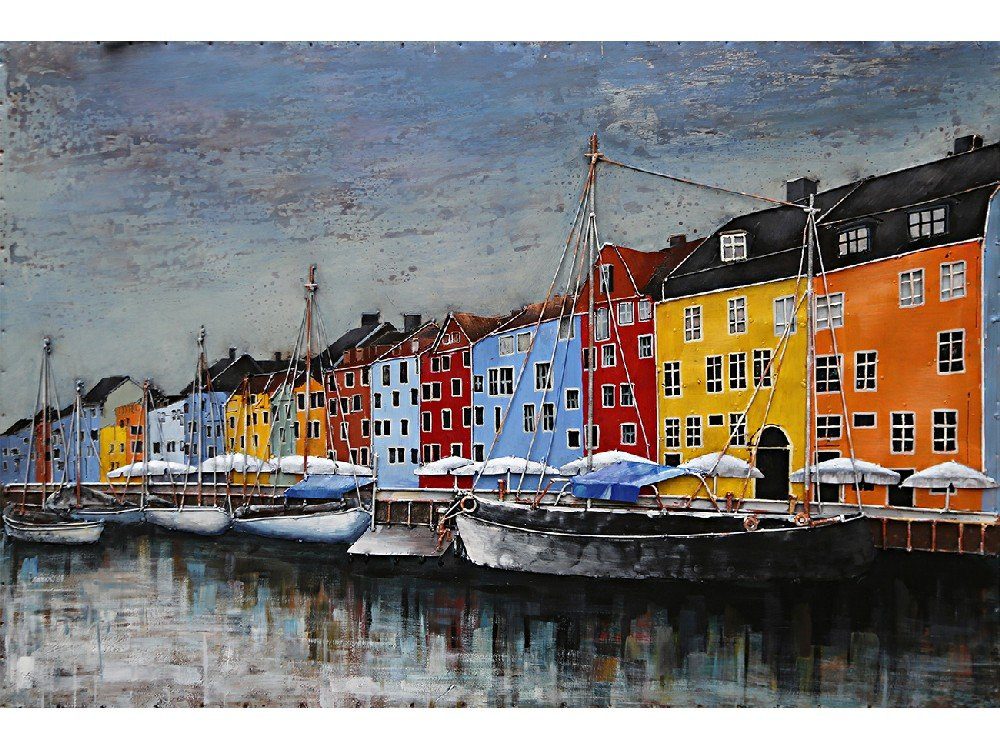 IDYL Metallbild mit 3D-Effekt "Hafen mit farbigen Häusern" - 80 x 120 x 7 cm