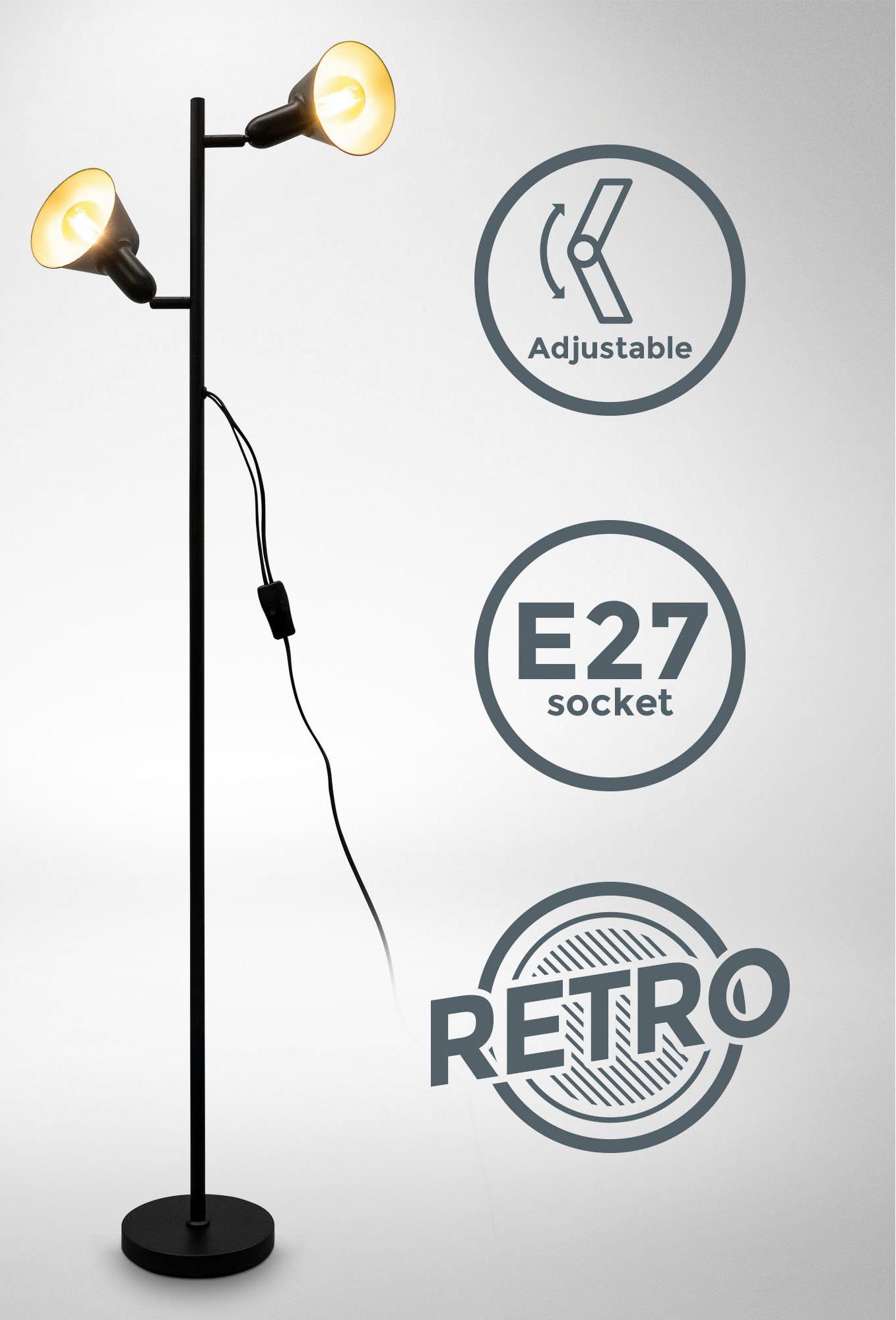 Metall, BK_ST1556 inkl. Schwarz, B.K.Licht Stehlampe 142,5cm Leuchtmittel, E27-Fassung, 2x Design-Stehlampe, Doppel-Kippschalter, RGB, ohne H: