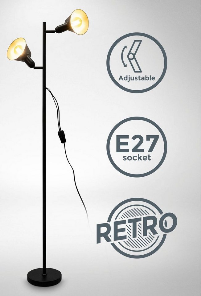 B.K.Licht Stehlampe BK_ST1556 Design-Stehlampe, inkl. Doppel-Kippschalter, ohne  Leuchtmittel, RGB, Schwarz, Metall, 2x E27-Fassung, H: 142,5cm