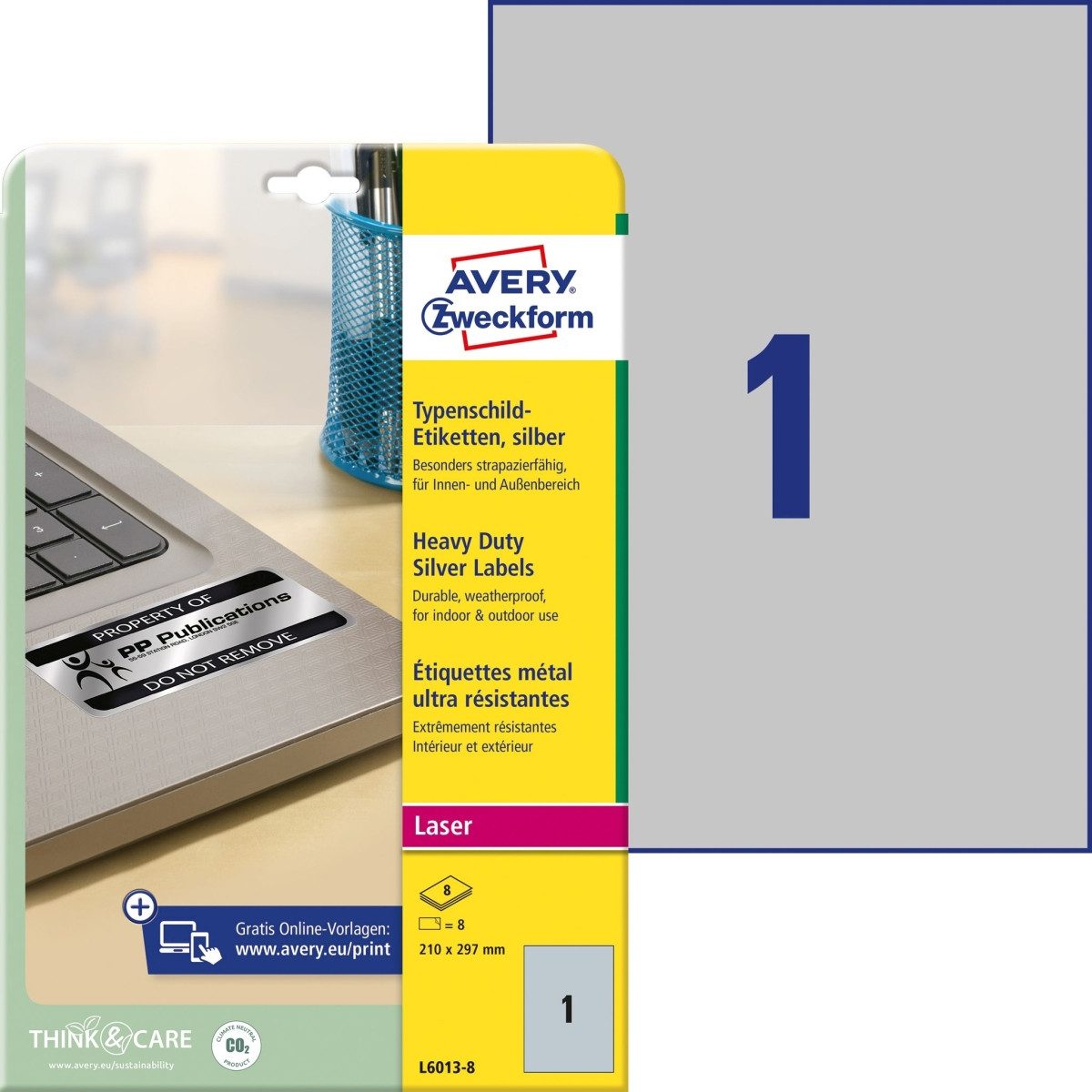 Avery Zweckform Etiketten Typenschild-Etiketten DIN A4 210x297mm silber 8 Etiketten