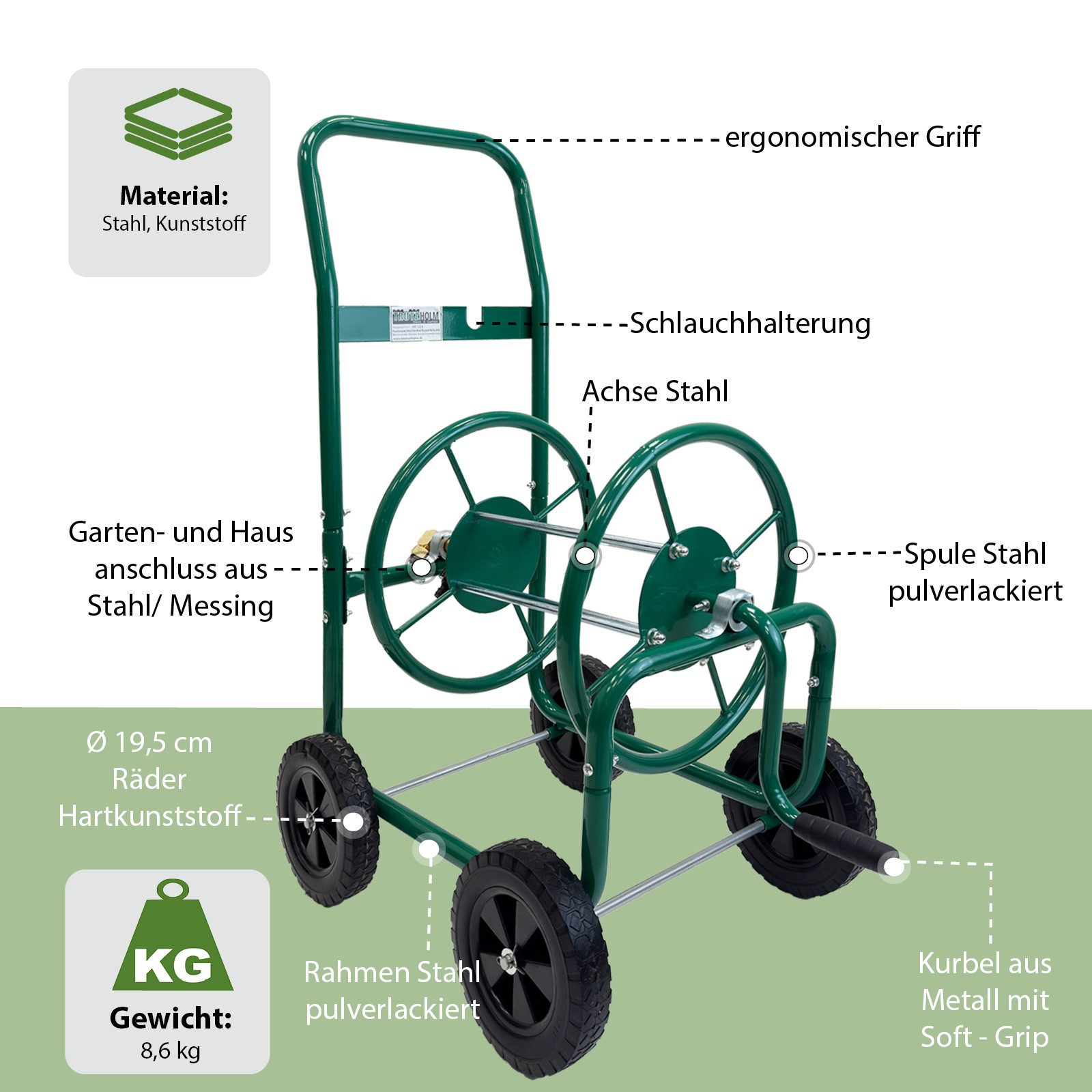 TRUTZHOLM Schlauchwagen Basic 4 Räder 95,5 x 58 cm Stahl, für 50m 3/4 Zoll Gartenschlauch grün