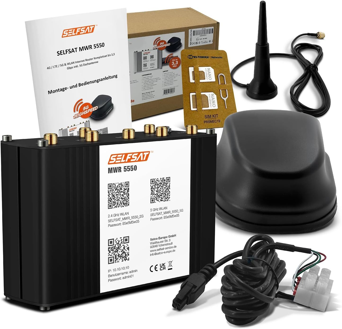 Selfsat MWR 5550 4G / LTE / 5G & WLAN Internet Router + 5G Dachantenne Mobilfunkantenne, Starlink kompatibel