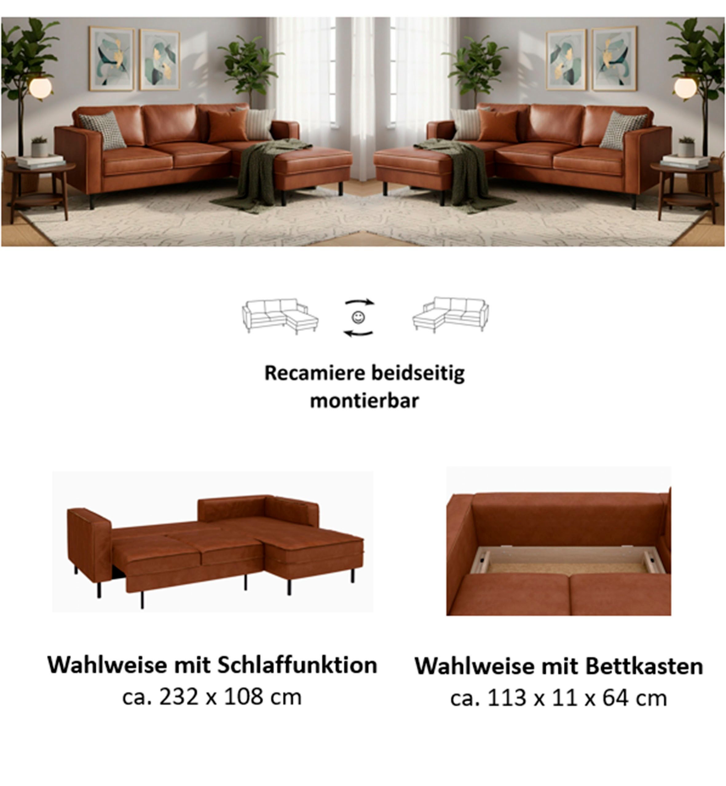 Home affaire Ecksofa Watkins, wahlweise mit Schlaffunktion/Bettkasten, moderne offene Naht, Recamiere beidseitig montierbar, L-Form, Breite 232 cm