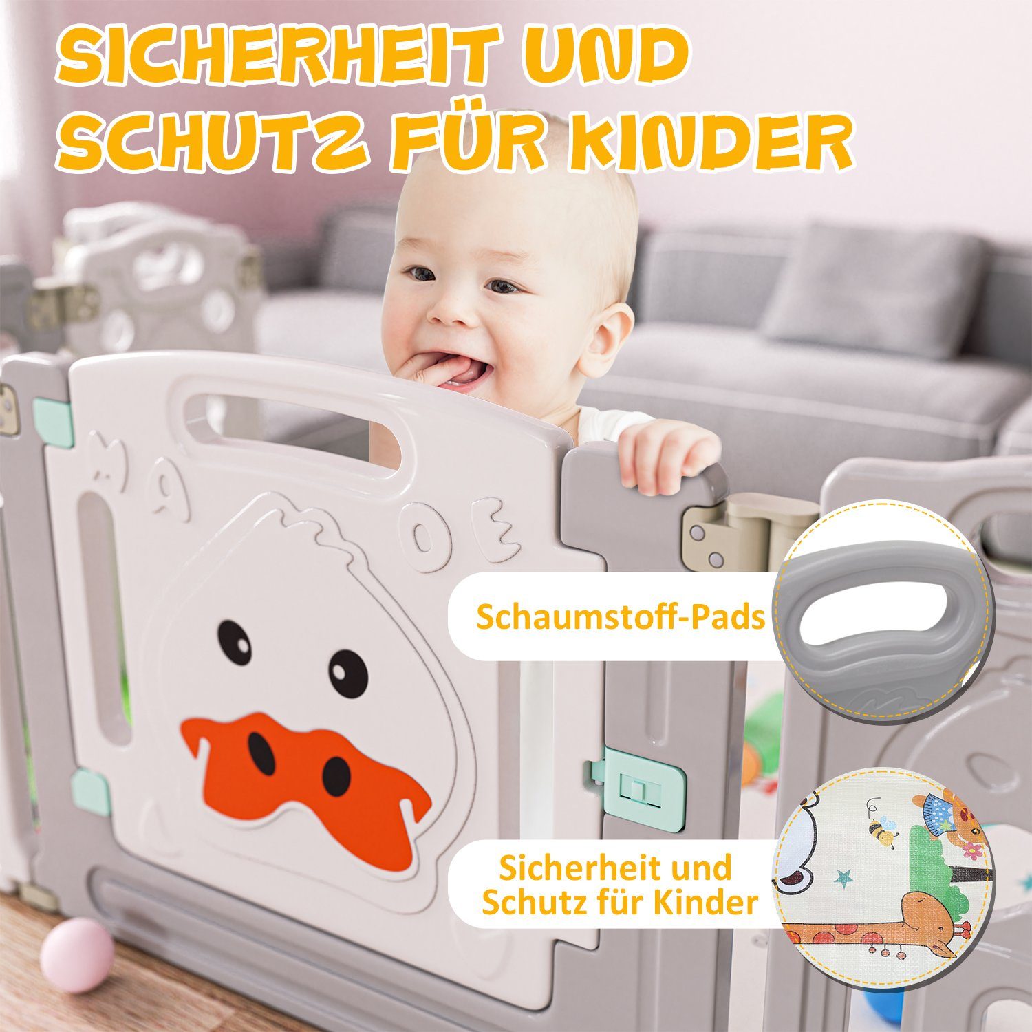 Laufstall Baby, 150x150x60cm, mit Laufgitter Krabbelmatte, anpassbar, ohne Kanten Faltbar, Design Flexibel Gimisgu und scharfe