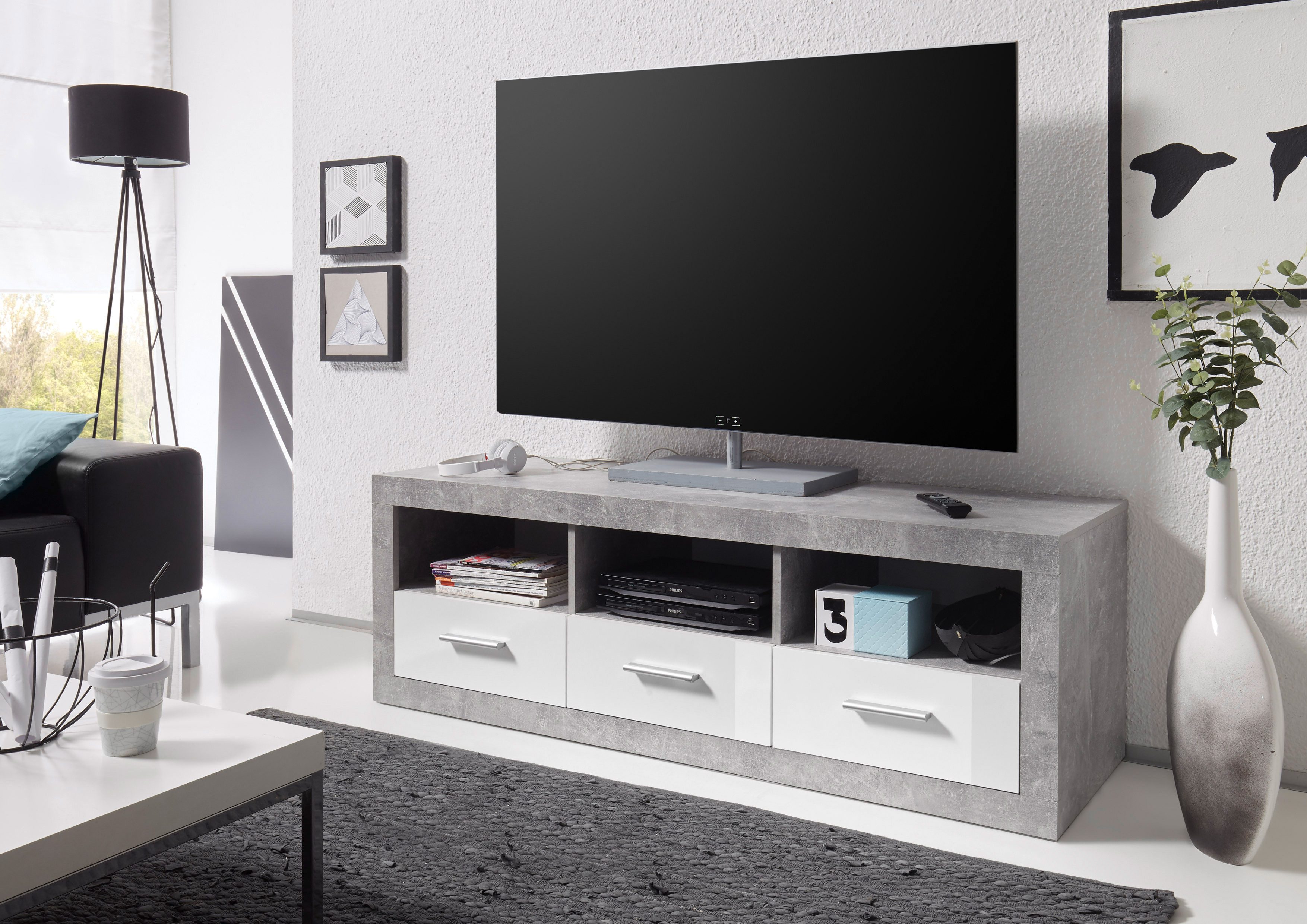 HBZ Lowboard Stone weiß Hochglanz, TV Möbel bis 55 Zoll, BxHxT 147x49x45 cm günstig online kaufen