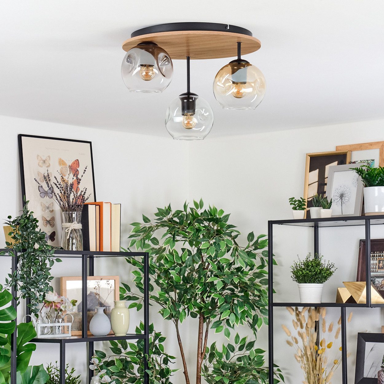 hofstein Deckenleuchte Deckenlampe aus Metall/Holz/Glas in Schwarz/Natur/Ra günstig online kaufen