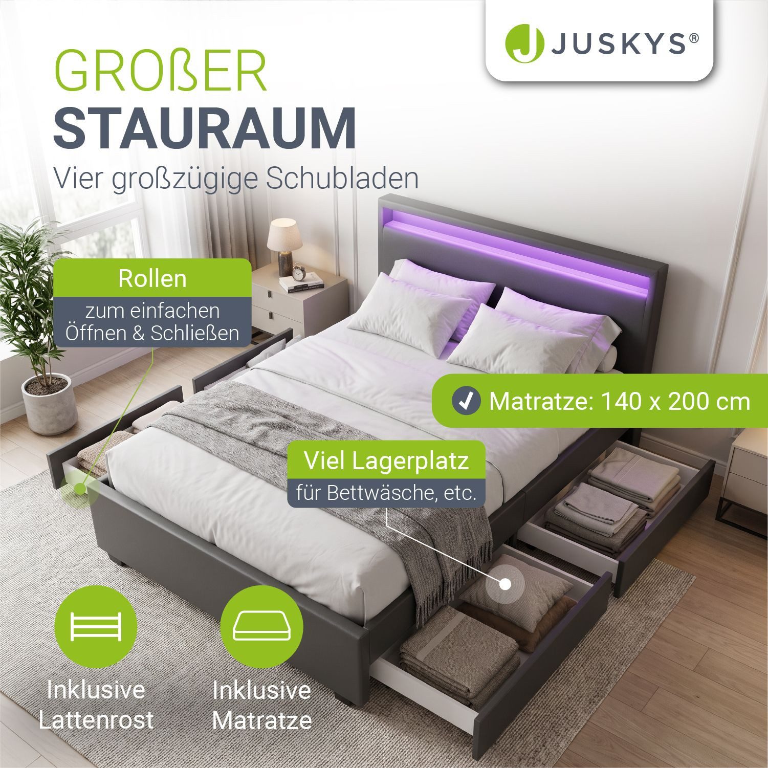 Juskys Polsterbett Lyon mit Matratze, 140x200 cm, ausziehbare Bettkästen, LED-Licht, inkl. Matratze