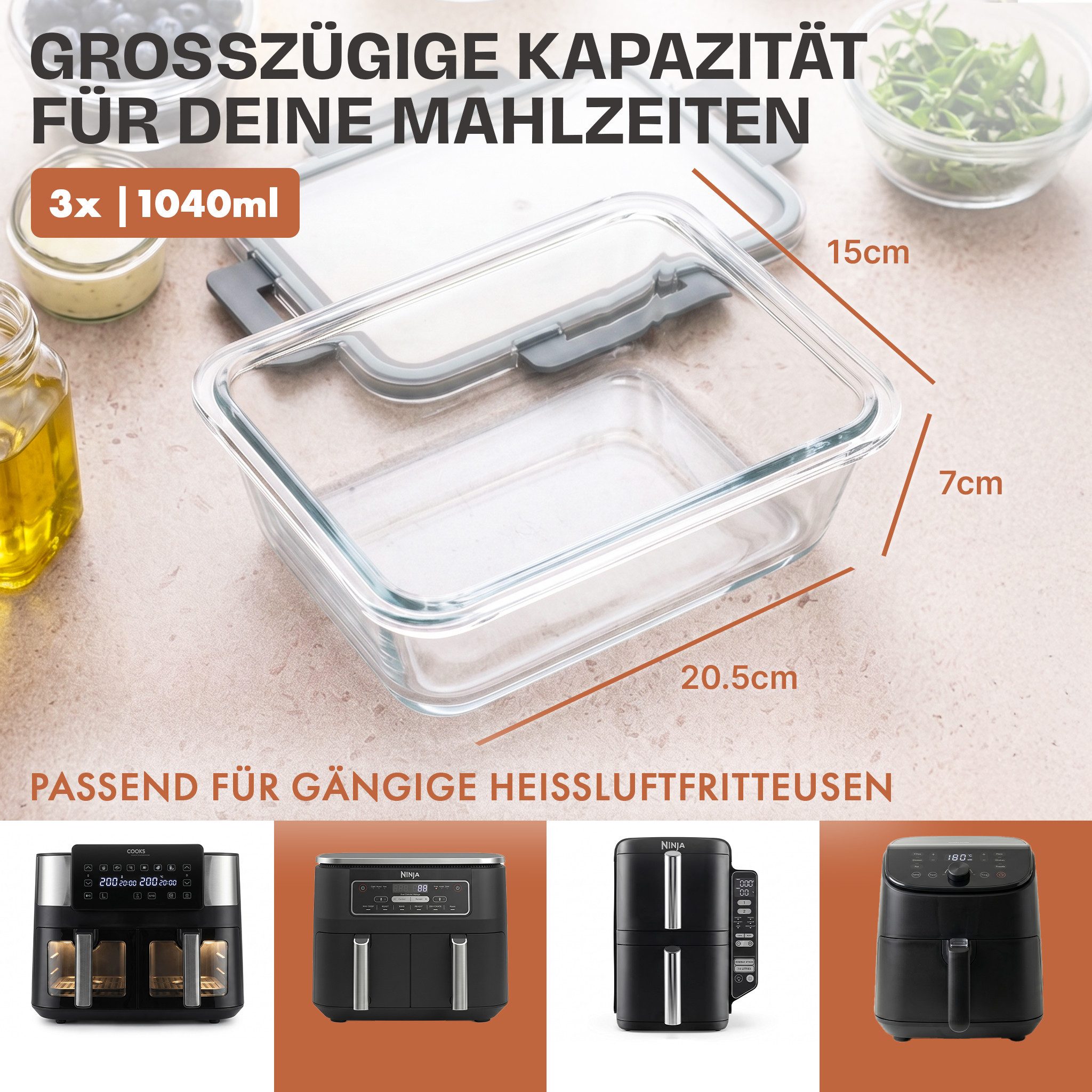 Lemontree Küchenmaschinen Zubehör-Set Glasbehälter für Airfryer –Airfryer Zubehör BPA-frei spülmaschinenfest, Zubehör für Alle gängigen Airfryer, Heißluftfritteusen, Mikrowellen, Öfen & Gefrierschränke, Vorratsdosen Set hitzebeständig bis 300°C - Ersatz für Silikonform