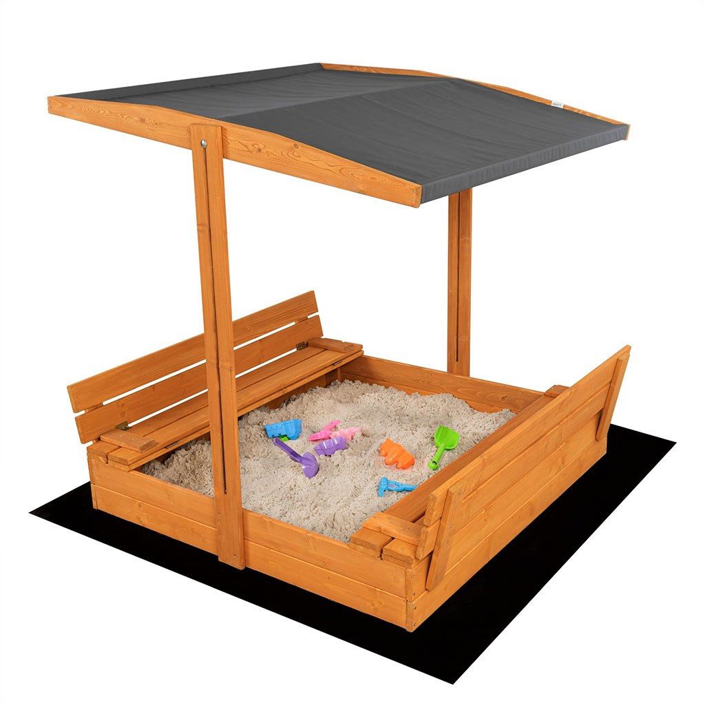 BABY MIX Sandkasten Sandspielkasten Spielsandkiste Gartensandkiste, (Spar-Set, 1-tlg., 120 x 120 x 20 cm robust), verschließbarer Deckel, verstellbares Dach, Sitzbänke