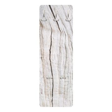 Bilderdepot24 Garderobenpaneel weiss Holzoptik Bretteroptik Holzstruktur mit Rissen Design (ausgefallenes Flur Wandpaneel mit Garderobenhaken Kleiderhaken hängend), moderne Wandgarderobe - Flurgarderobe im schmalen Hakenpaneel Design