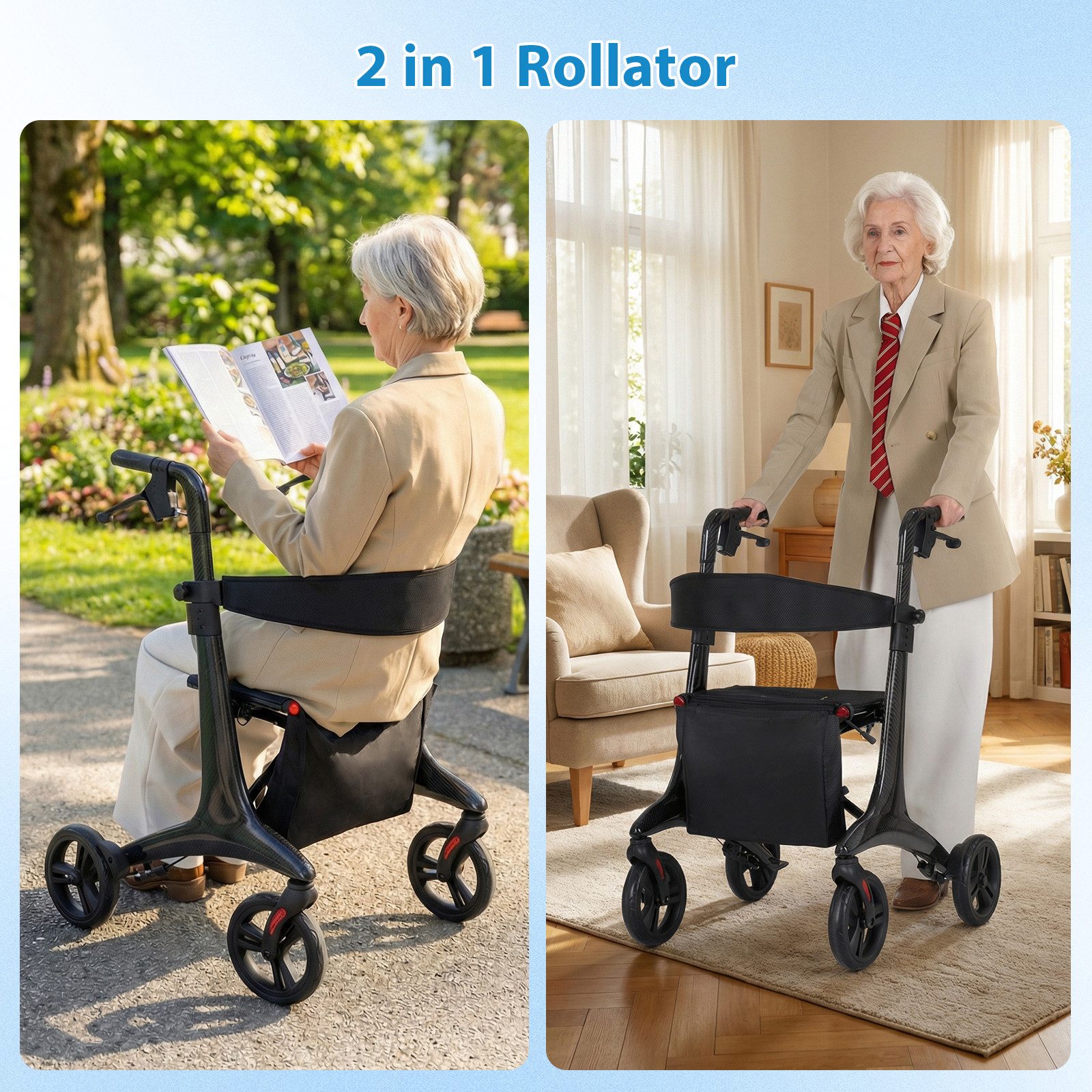 COSTWAY Rollator, Faltbar und leicht mit Sitz, Carbonfaser, bis 136 kg