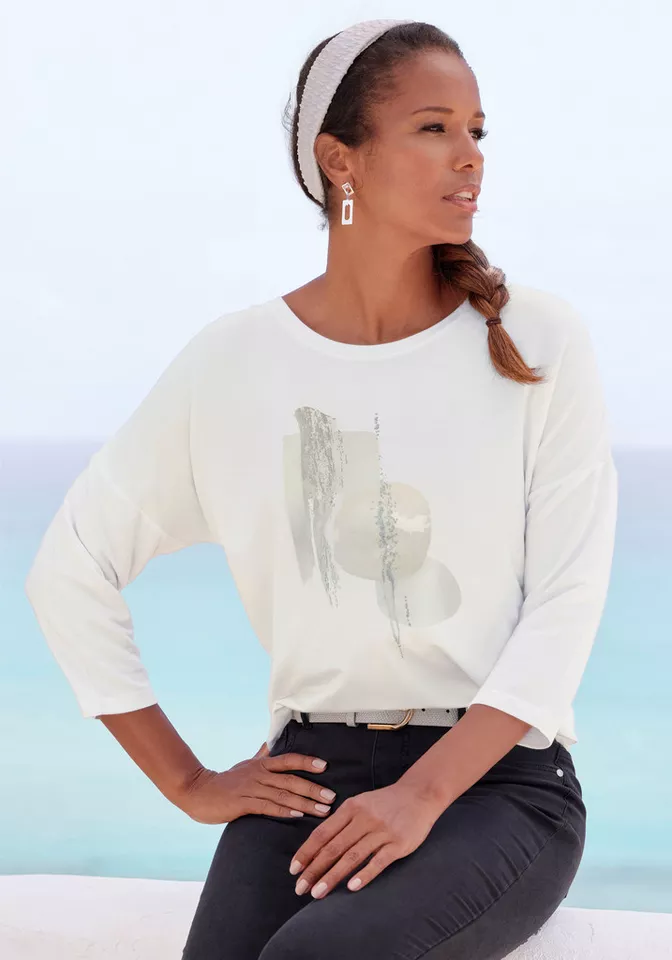 Lascana 3/4-Arm-Shirt mit schimmerndem Folienprint aus sommerlicher French Terry-Qualität aus Viskose
