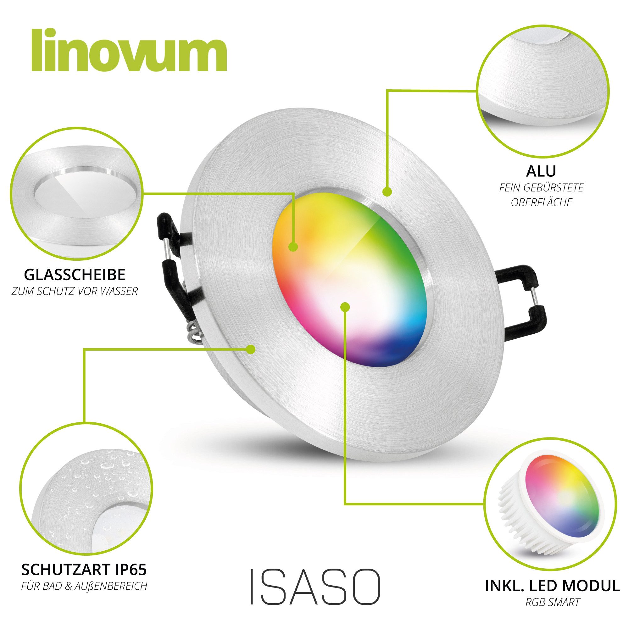 linovum LED Außen-Deckenleuchte ISASO Einbauleuchte IP65 Bad Alu rund Smart Lampe 4W RGB CCT WLAN, Smart
