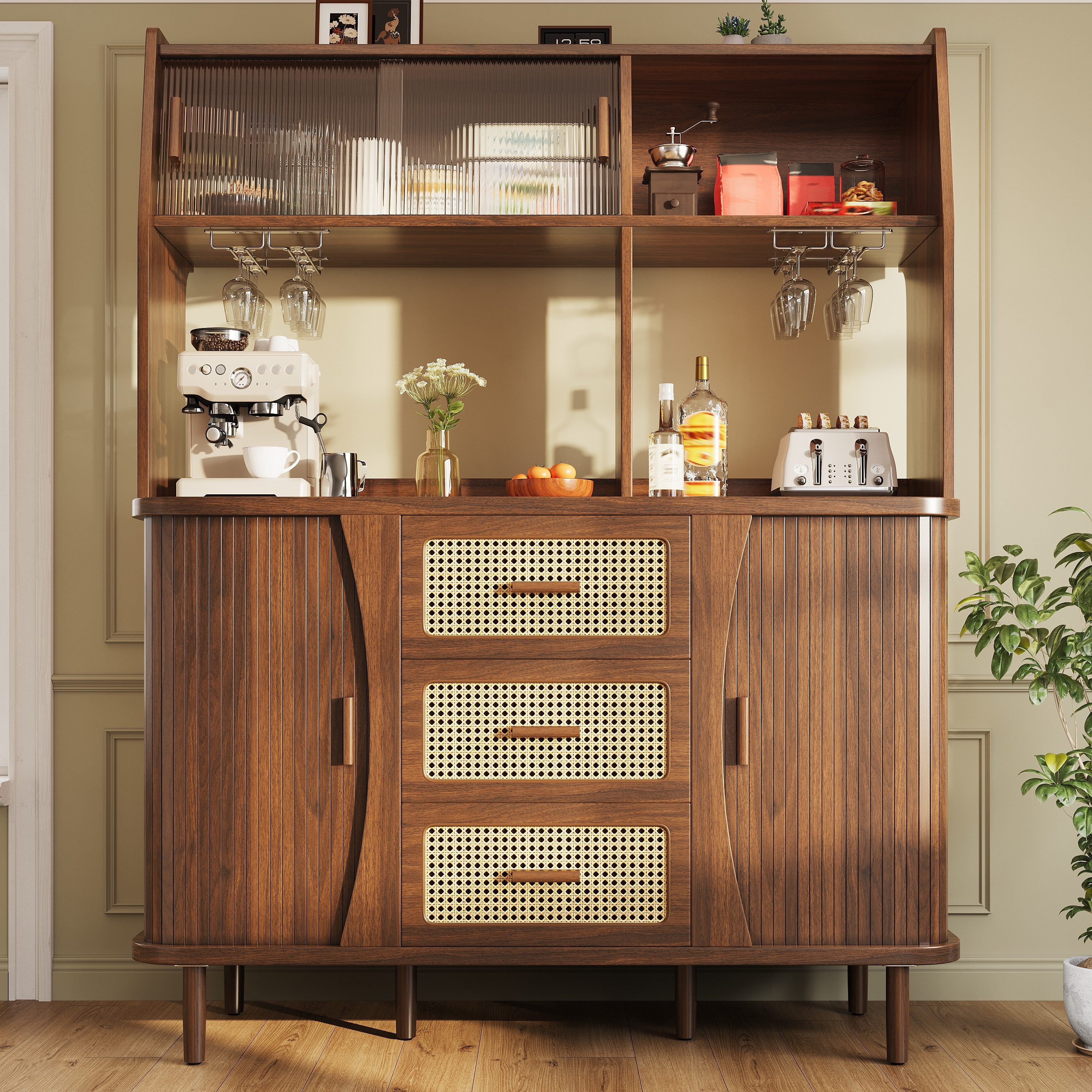 Flieks Küchenbuffet Hochschrank mit Glasschiebetüren und Rattan-Schubladen Holzoptik (140x40,5x174,5 cm, 1-St., Mehrzweckschrank mit Massivholzbeine) Küchenschrank mit Arbeitsplatte und Gläserhalter Walnussholzfarbe