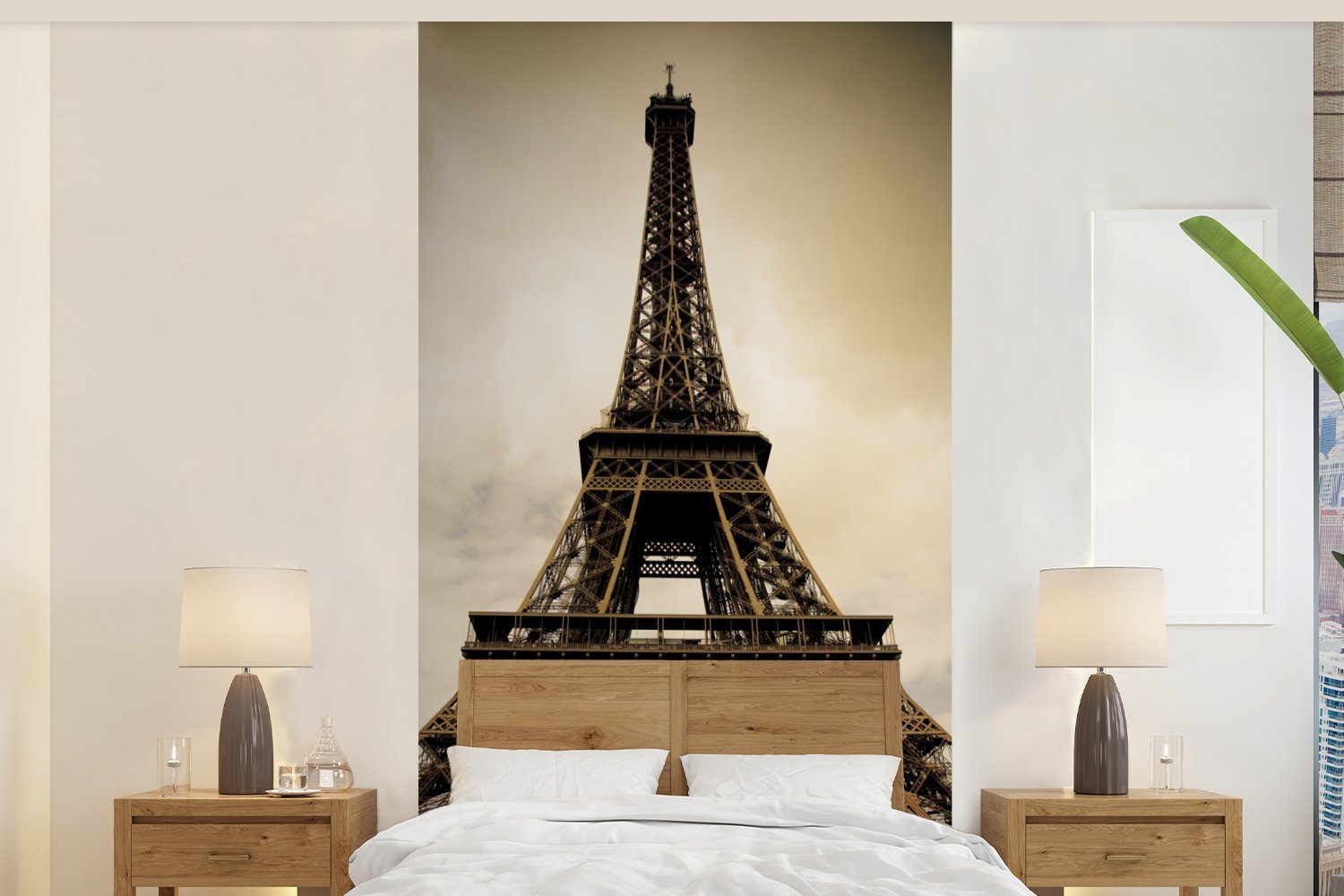 MuchoWow Fototapete Eiffelturm in Paris Sepia-Fotodruck, Matt, bedruckt, (2 St), Vliestapete für Wohnzimmer Schlafzimmer Küche, Fototapete