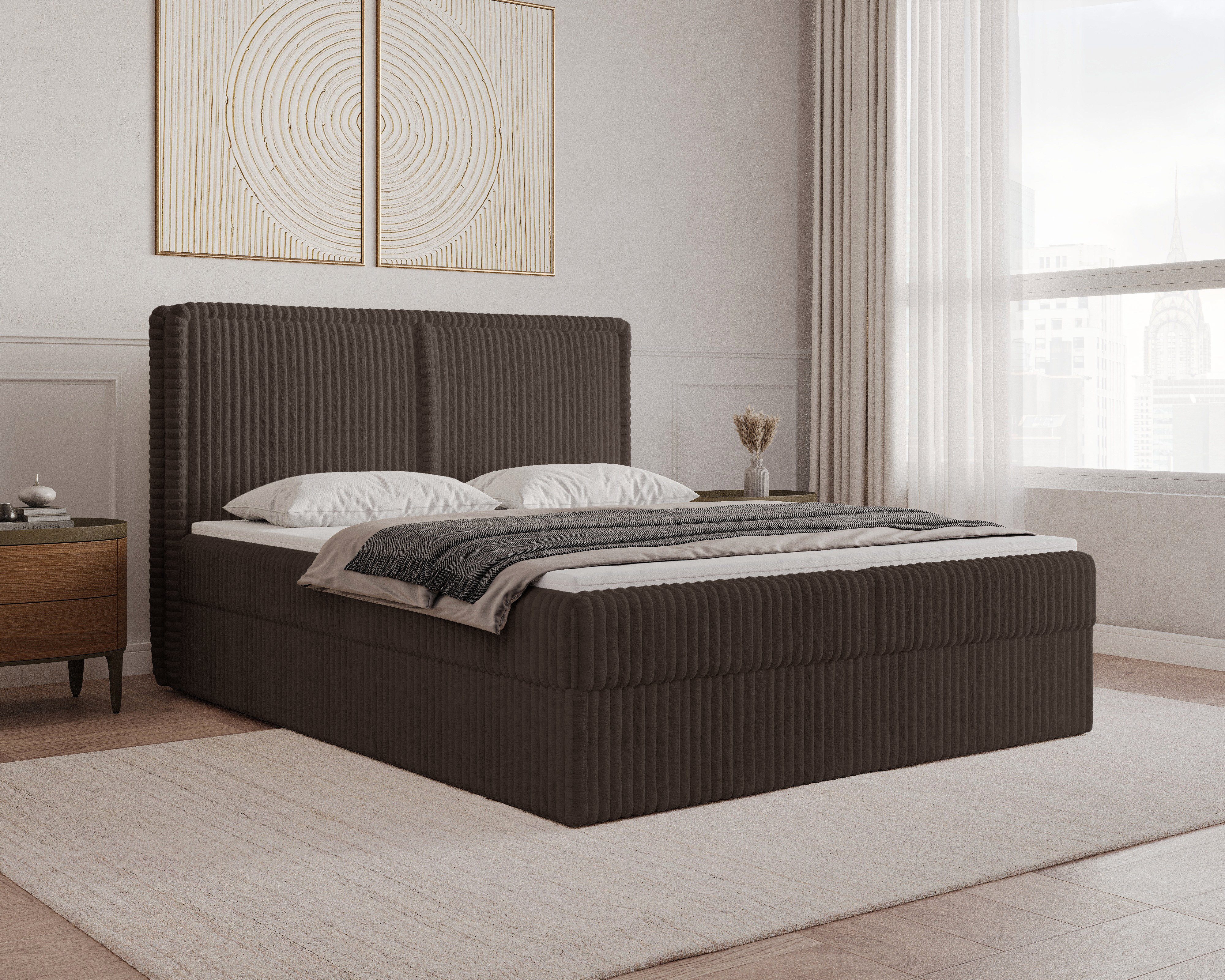 MOEBLO Boxbett BETT 04 aus Cord (mit Bettkasten und Topper – Cord Polsterbett Bett 04 mit gestepptem Kopfteil, Federmechanismus und Stauraum, Doppelbett 140x200, 160x200, 180x200 cm, Boxbett inklusive Topper und integriertem Bettkasten), (B x H x T): 143/163/183 x 113 x 214 cm