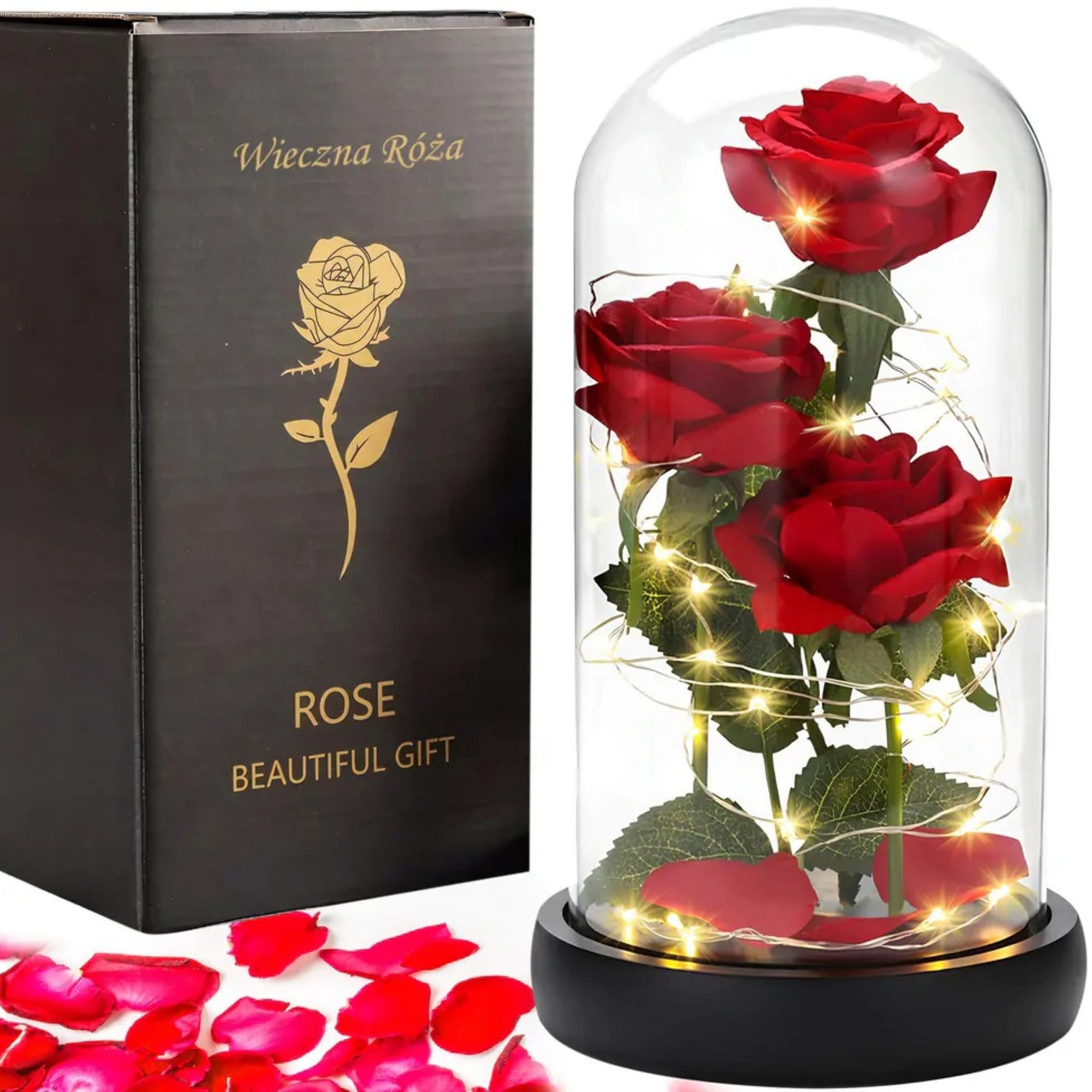 HURTNET Dekoobjekt Ewige LED-Rose leuchtendes Ornament 22cm Sockel Glaskuppel (Romantisches LED-Rosen-Ornament Geschenkidee Dekoration, 3 LED-Rosen im Kunststoffsockel unter Glaskuppel, dekorativ romantisch), LED-Beleuchtung Warmweißes Licht Kunststoffsockel