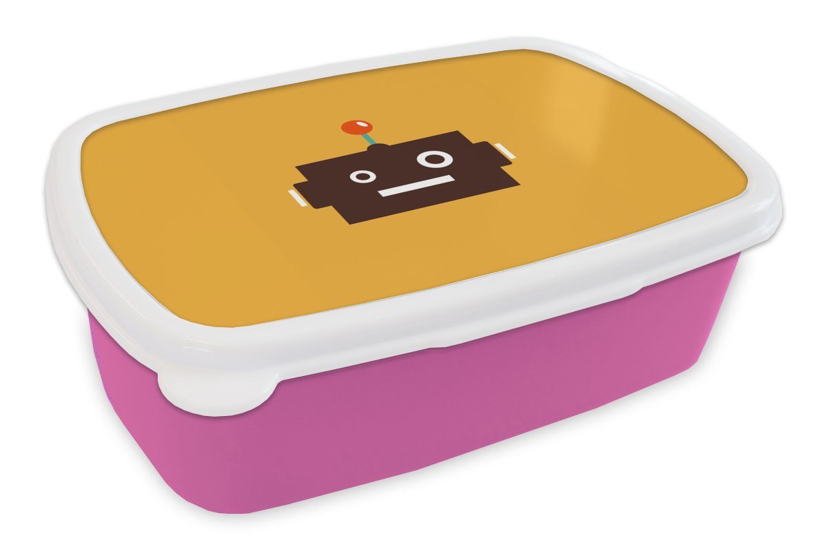 MuchoWow Lunchbox Roboter - Gesicht - Antenne - Gelb - Jungen - Kind, Kunststoff, (2-tlg), Brotbox für Erwachsene, Brotdose Kinder, Snackbox, Mädchen, Kunststoff rosa