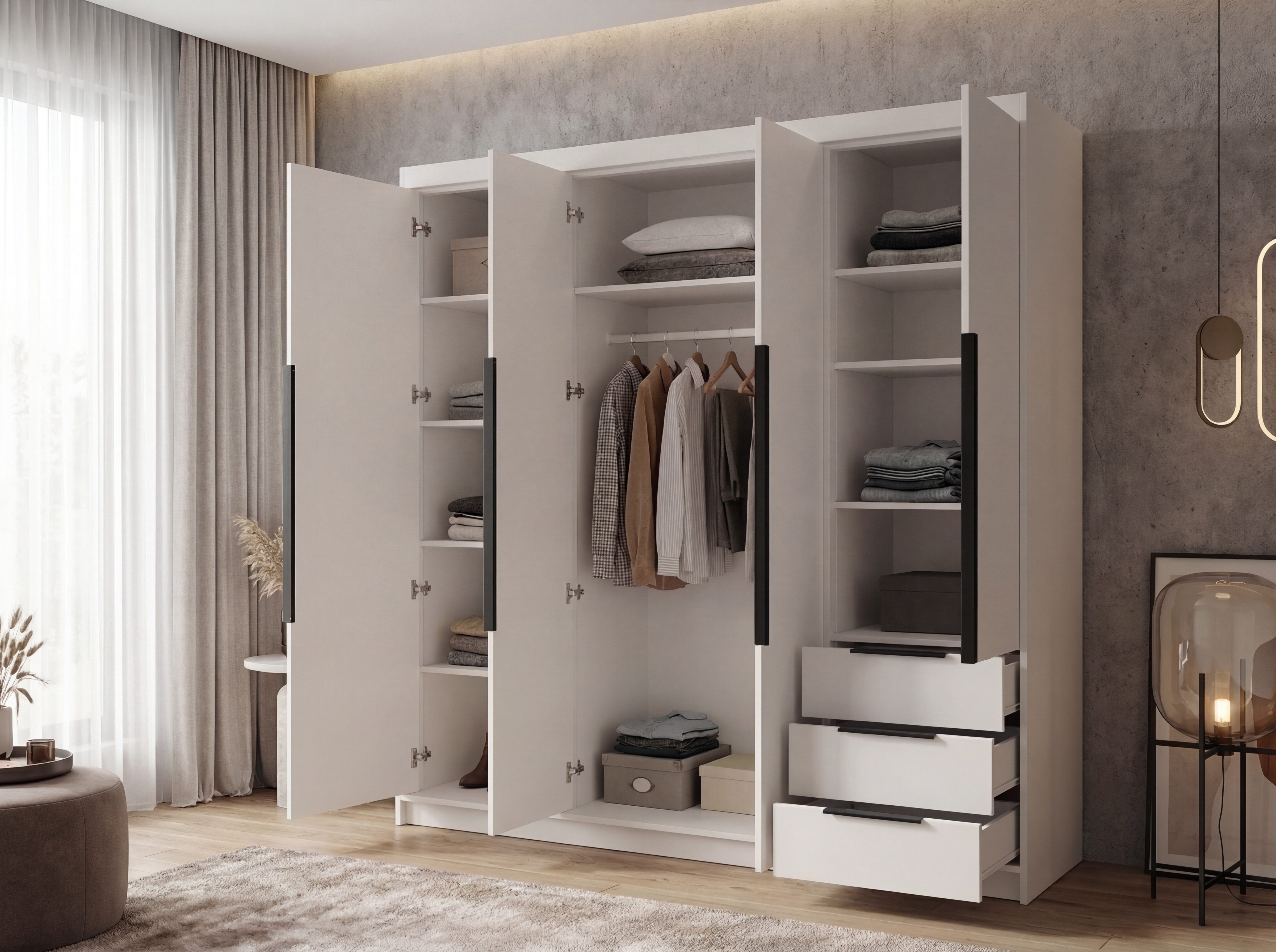 A&J MöbelLand GmbH Drehtürenschrank viertüriger Kleiderschrank mit Schubladen und Metallgriffen. (Geräumiger vier¬türiger Kleiderschrank mit Schubladen und Meta – Bild 4 von 5