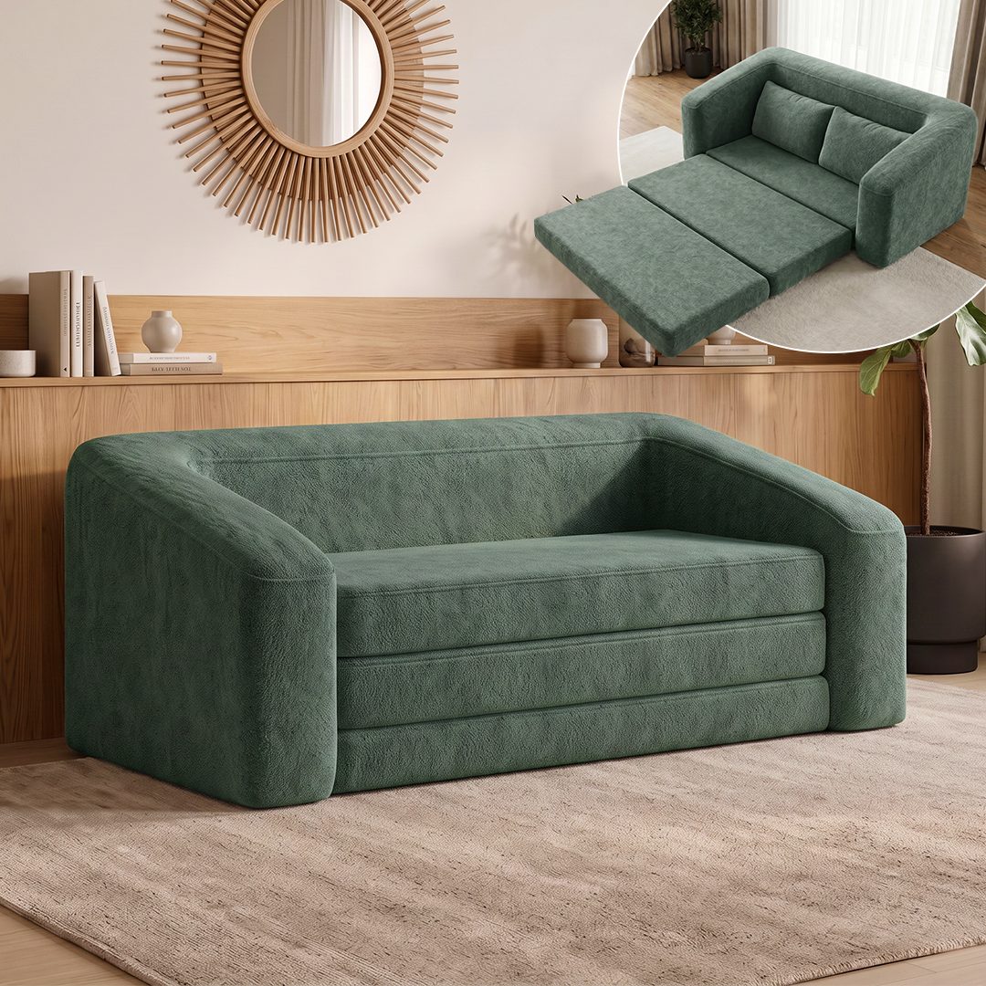 skølm Schlafsofa & Schlafsessel Fjäll mit Kissen, ohne Aufbau, vakuumverpackt, dunkelgrün, Klappsofa 182x100x70 cm, Teddy-Bouclé Schlafcouch