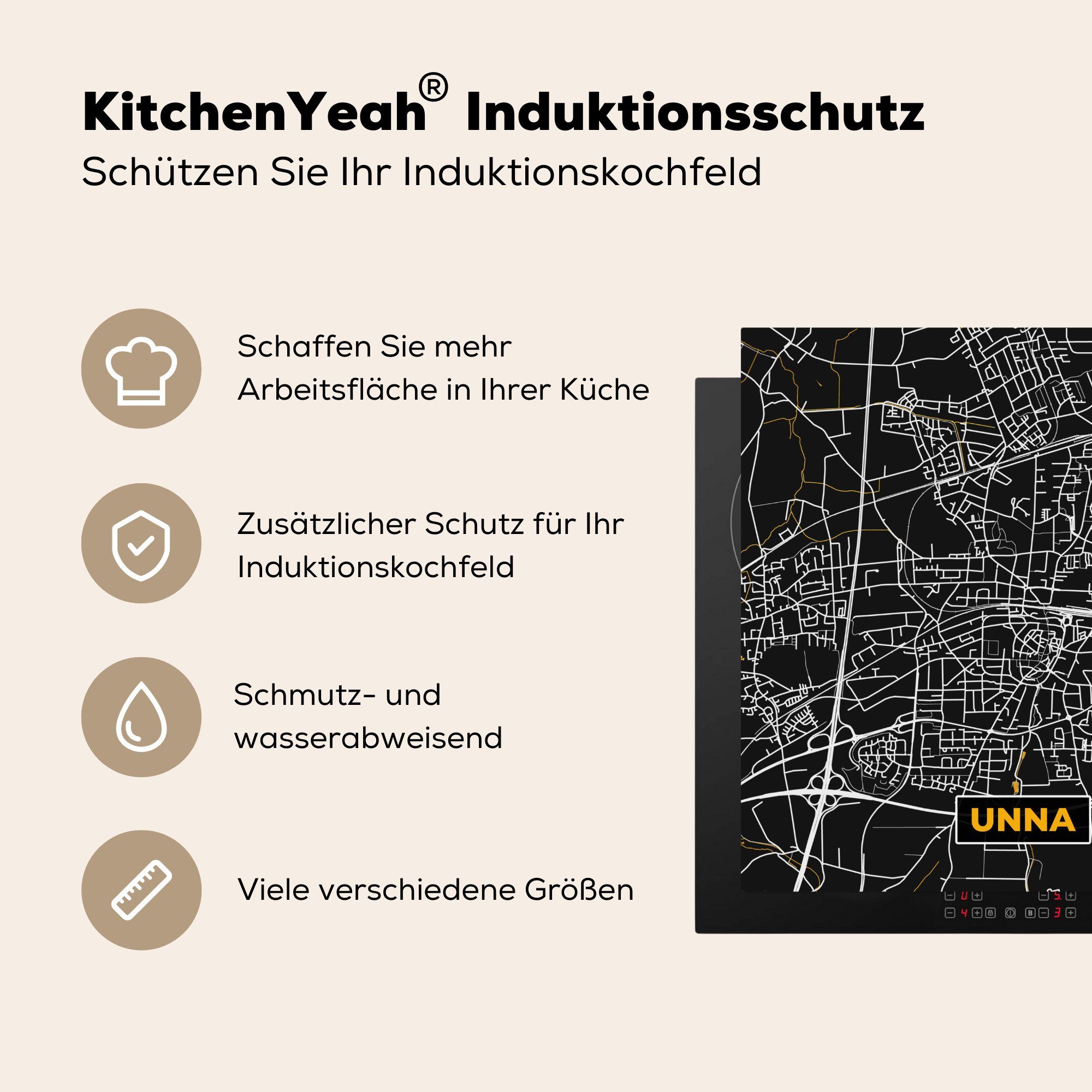 - Karte, und Unna cm, tlg), Ceranfeldabdeckung, küche MuchoWow Schwarz Deutschland - Stadtplan für - - Gold (1 Vinyl, Arbeitsplatte 78x78 Herdblende-/Abdeckplatte