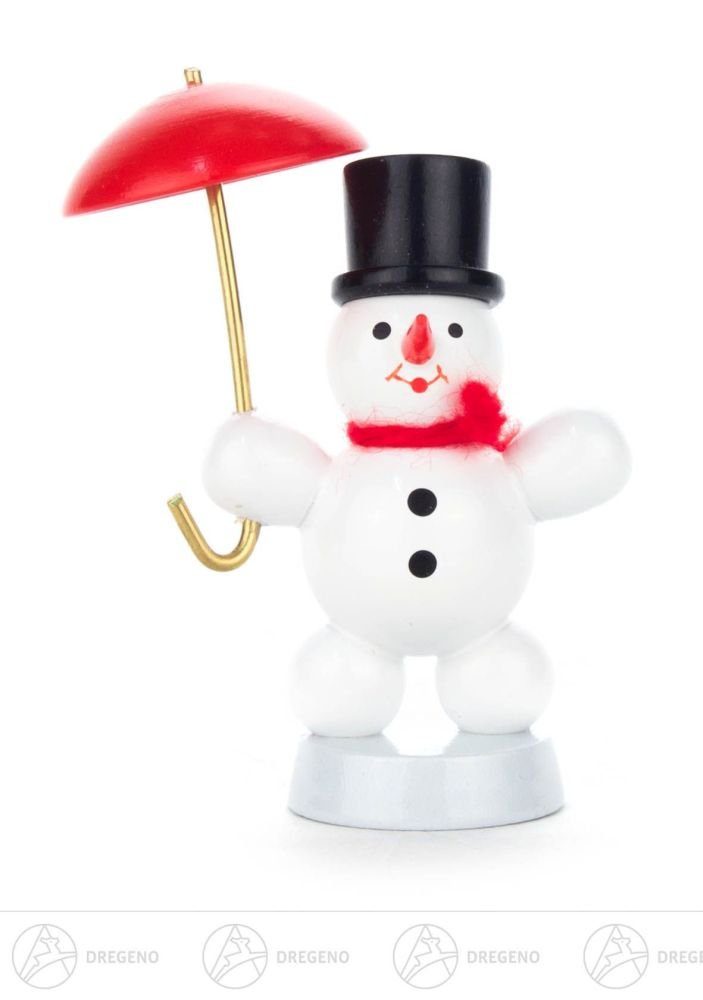 Dregeno Erzgebirge Schneemann Weihnachtliche Miniatur Schneemann mit Schirm Höhe ca 6 cm NEU, mit Schirm und Zylinder