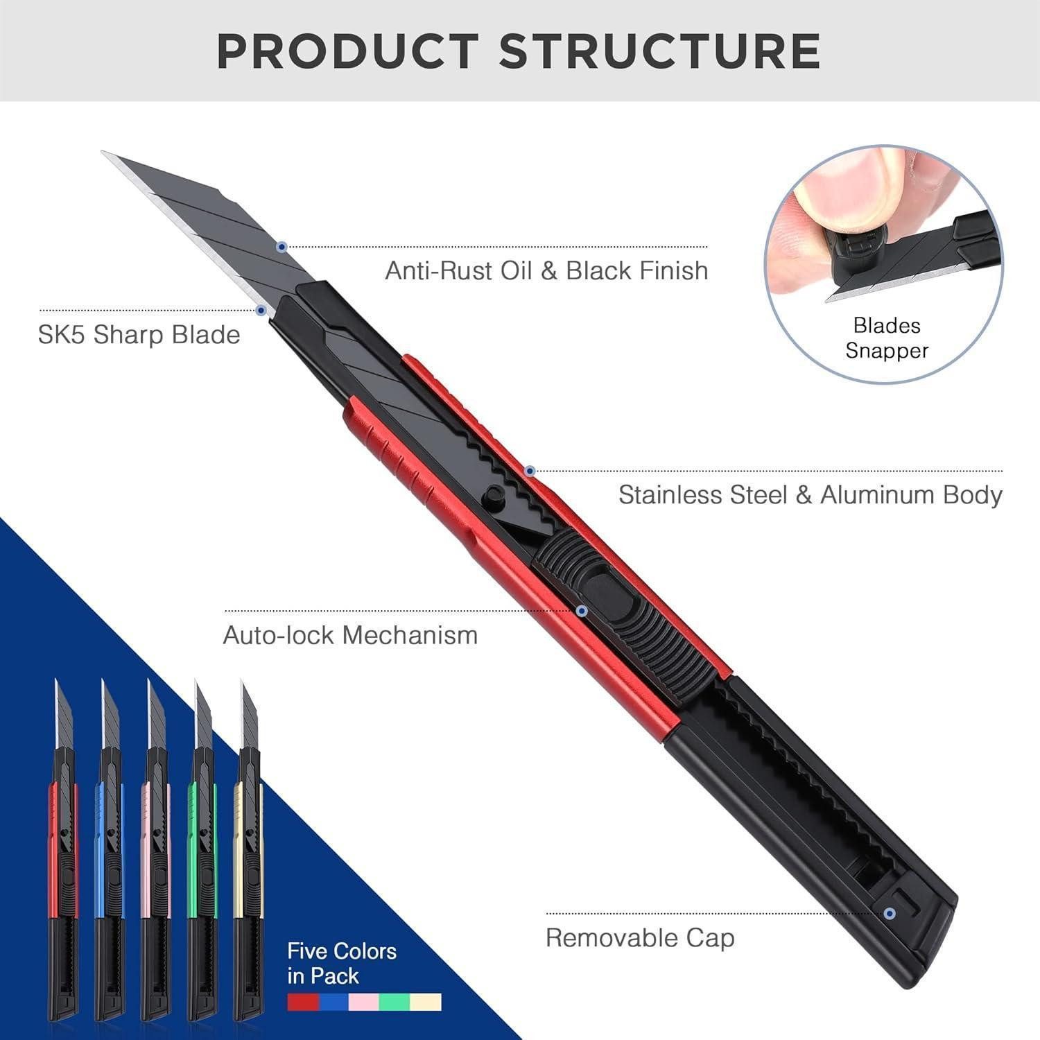 LuxusKollektion Cuttermesser 5 Stück Cuttermesser Set 9mm Aluminium Abbrechklingen Teppichmesser