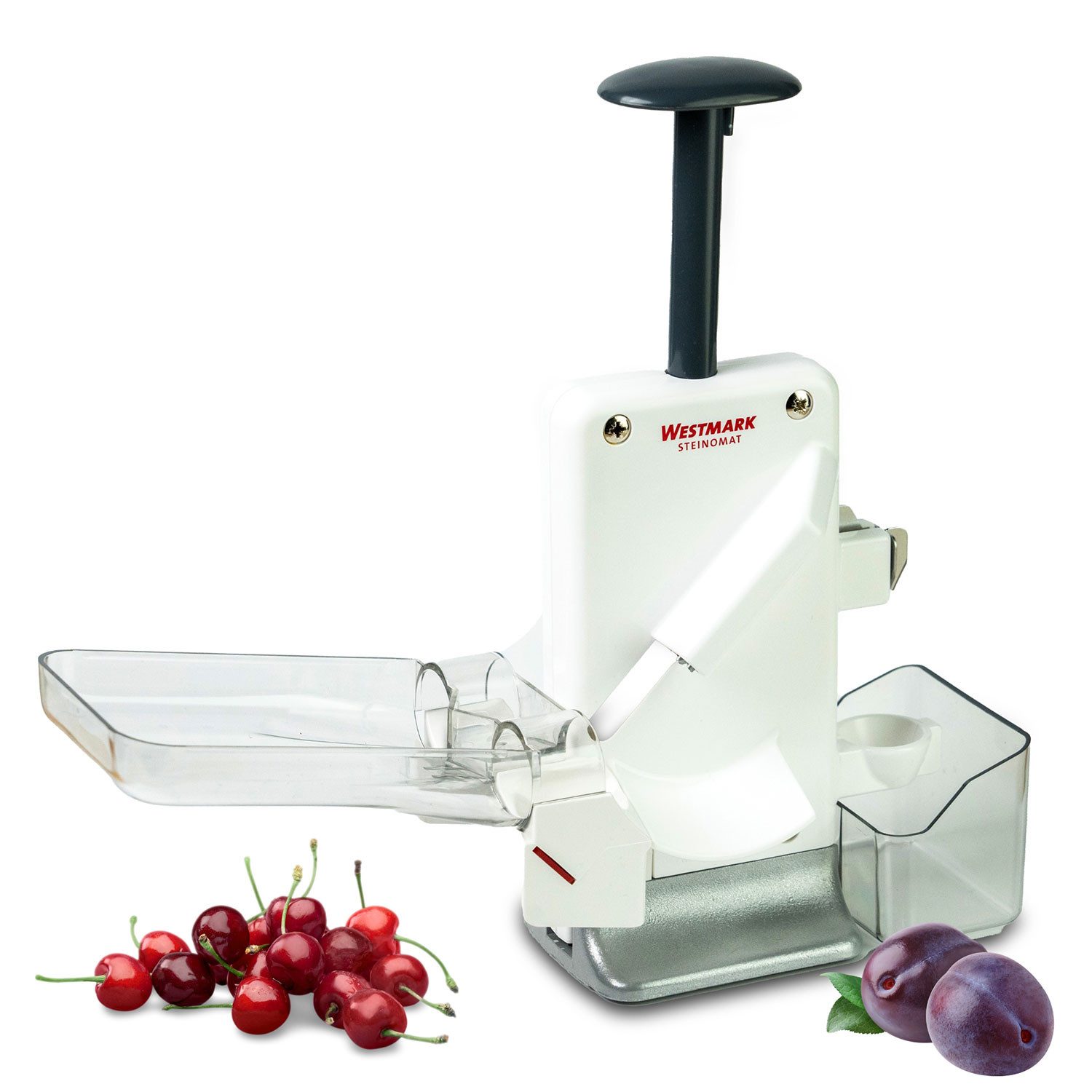 WESTMARK Entsteiner Doppel-Entkerner & Pflaumenentsteiner Steinomat – Black Edition, Aluminium, SAN, griffige Haptik, für Kirschen & Pflaumen, Made in Germany