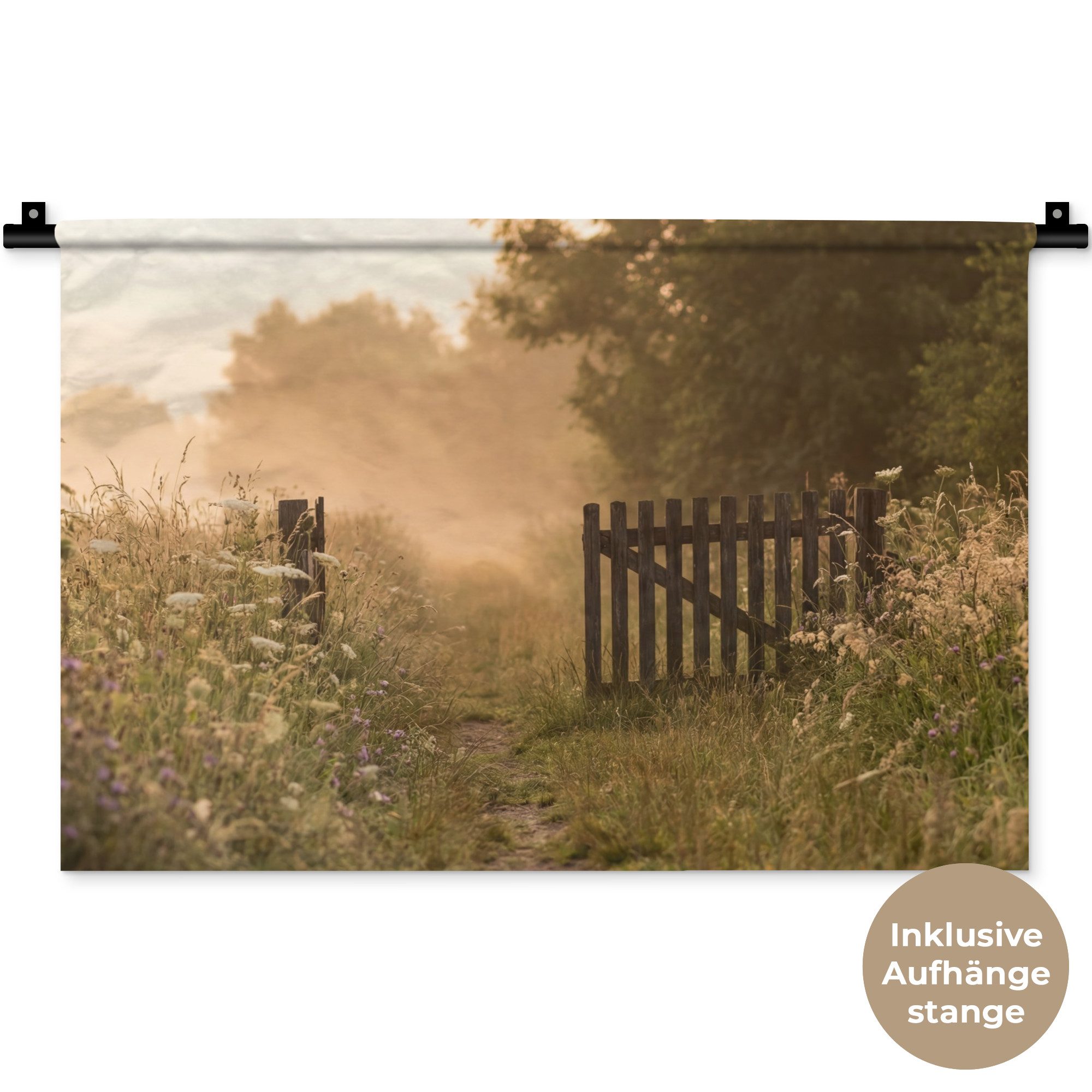 MuchoWow Wandteppich Zaun - Natur - Nebel - Feld, Rechteckig, Höhe: 3 mm, Wandteppich für Wohnzimmer, Schlafzimmer, 60x40 cm