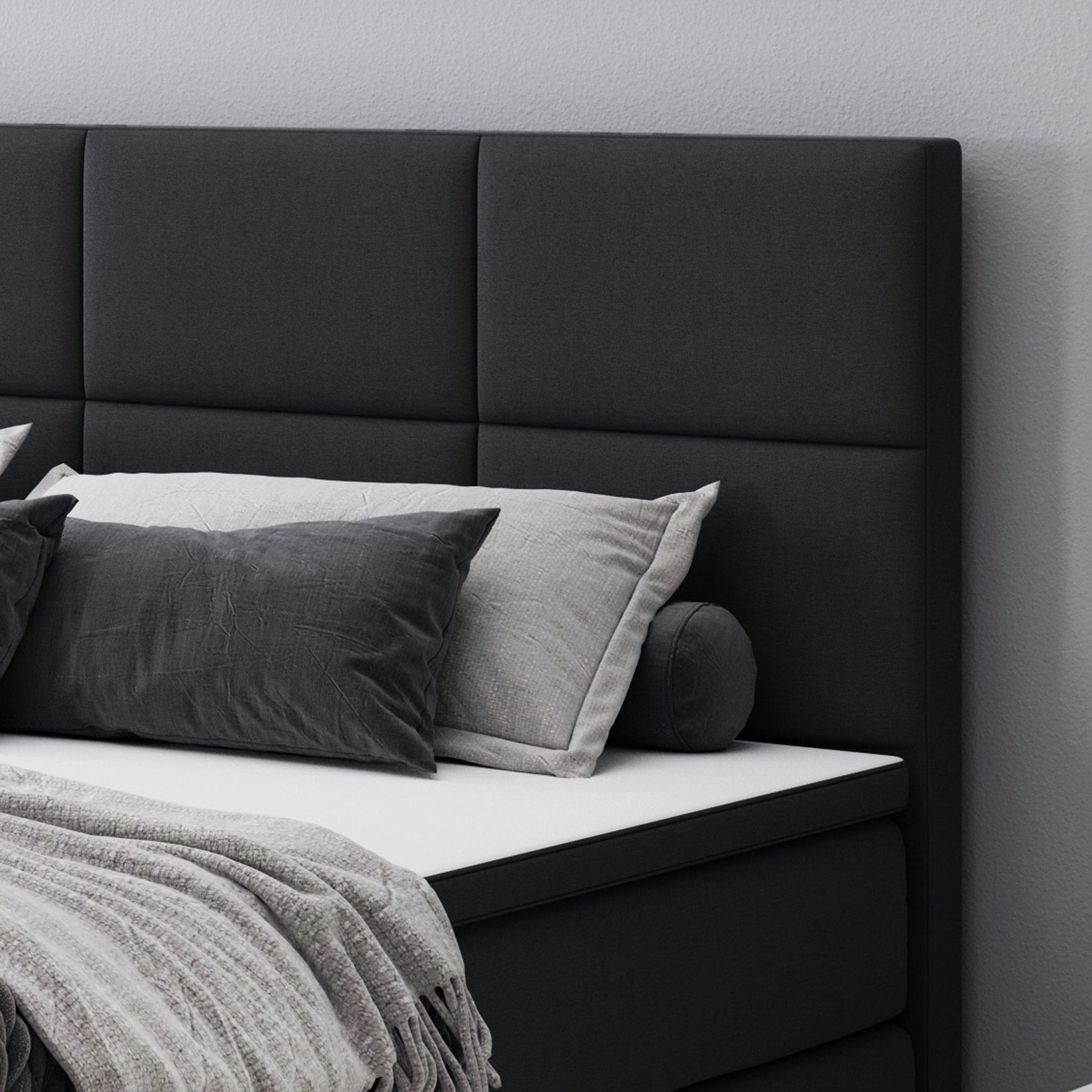 inter Boxspringbett Rotterdam 180x200 cm Webstoff mit 7 Zonen Taschenfederkern und Topper (180x200 cm, Schwarz mit 7 Zonen Taschenfederkernmatratzen und Topper), Taschenfederkern-Komfort, gepolstertes Kopfteil, inklusive Matratzen