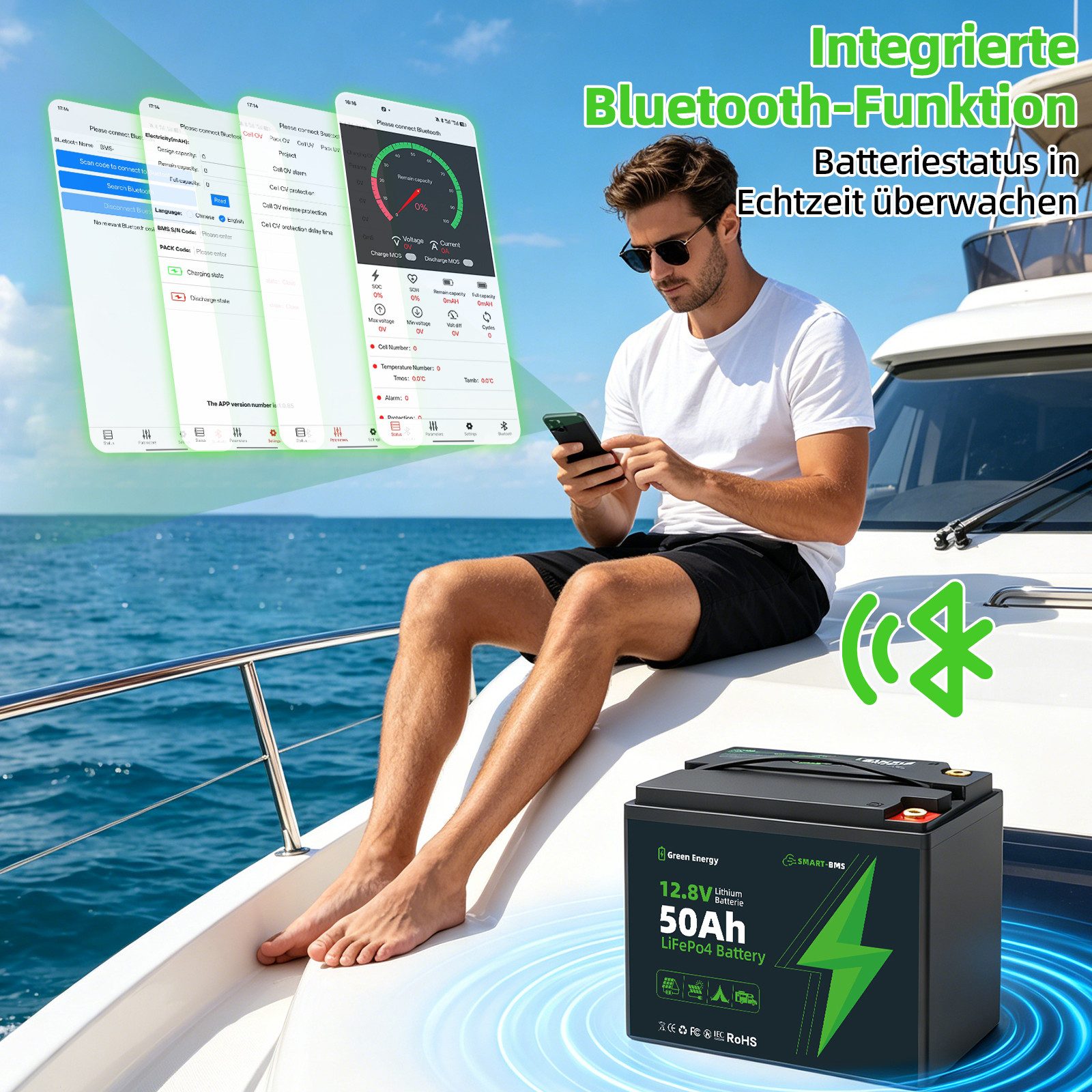 Blossom LiFePO4 Batterie 12V 50Ah mit Bluetooth BMS, 15000 Zyklen Batterie, Lithium Batterie für Wohnmobil, Camping, Solar, Boot, Offgrid-Systeme