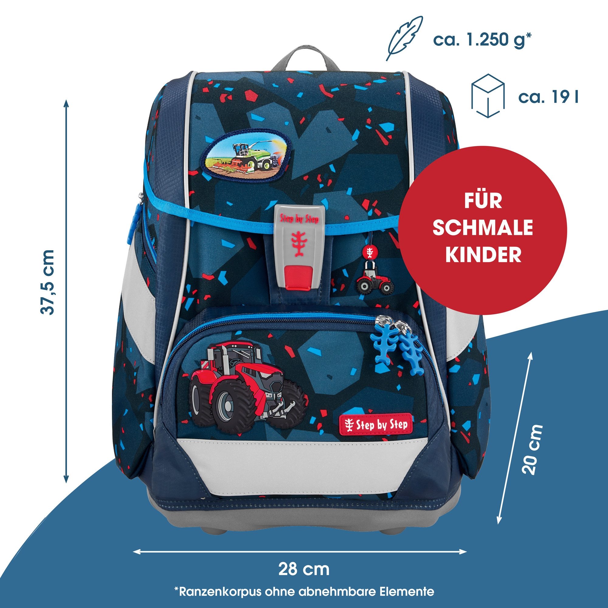 Step by Step Schulranzen 2IN1 PLUS „Tractor Freddy“, 9-teilig, blau (6-teilig, 9-tlg)