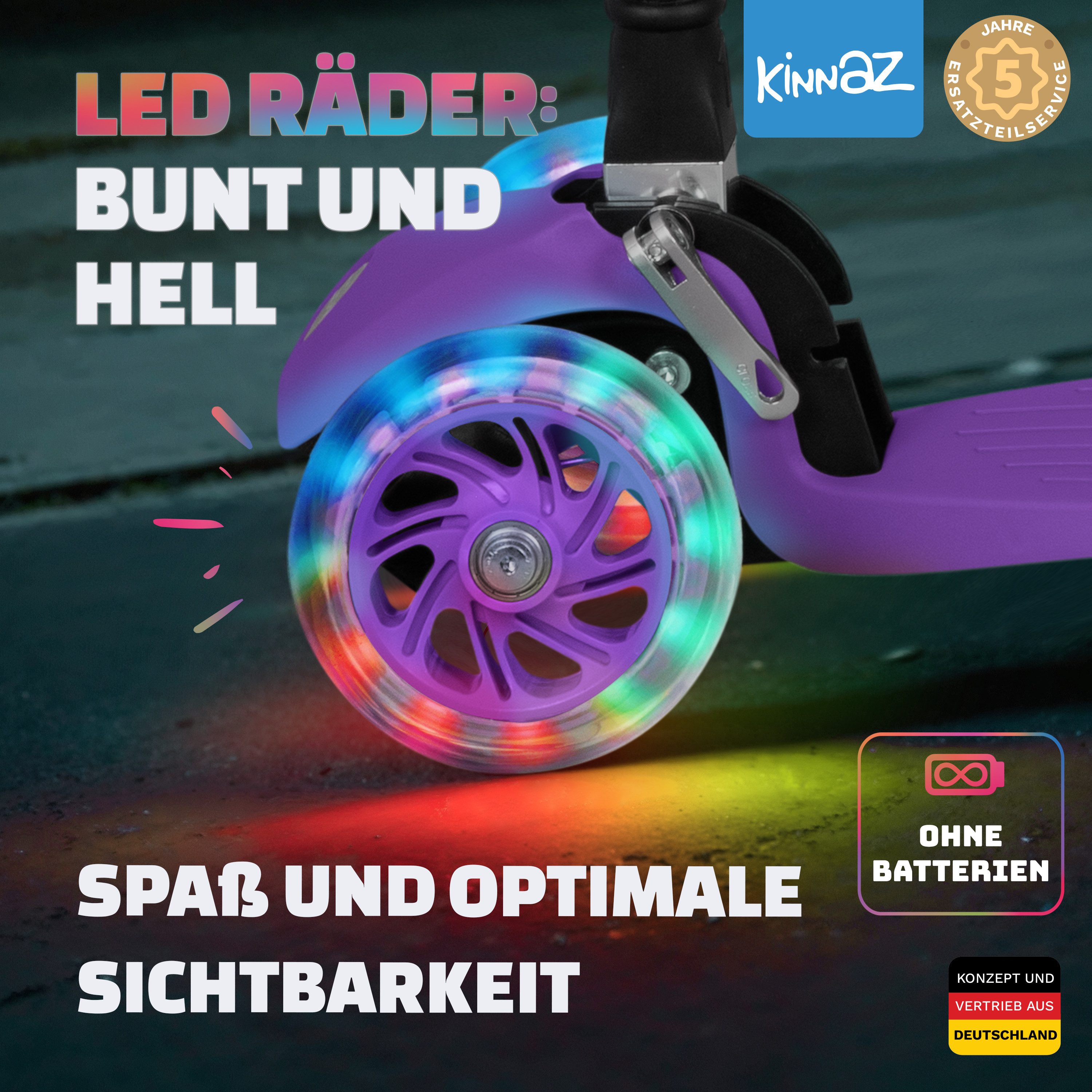 KINNAZ Dreiradscooter ab 2 Jahre LED, faltbar, Höhe flexibel, Kinderoller, Scooter, Roller, (Kinderroller, kinnaz ONE), Händler aus Hamburg