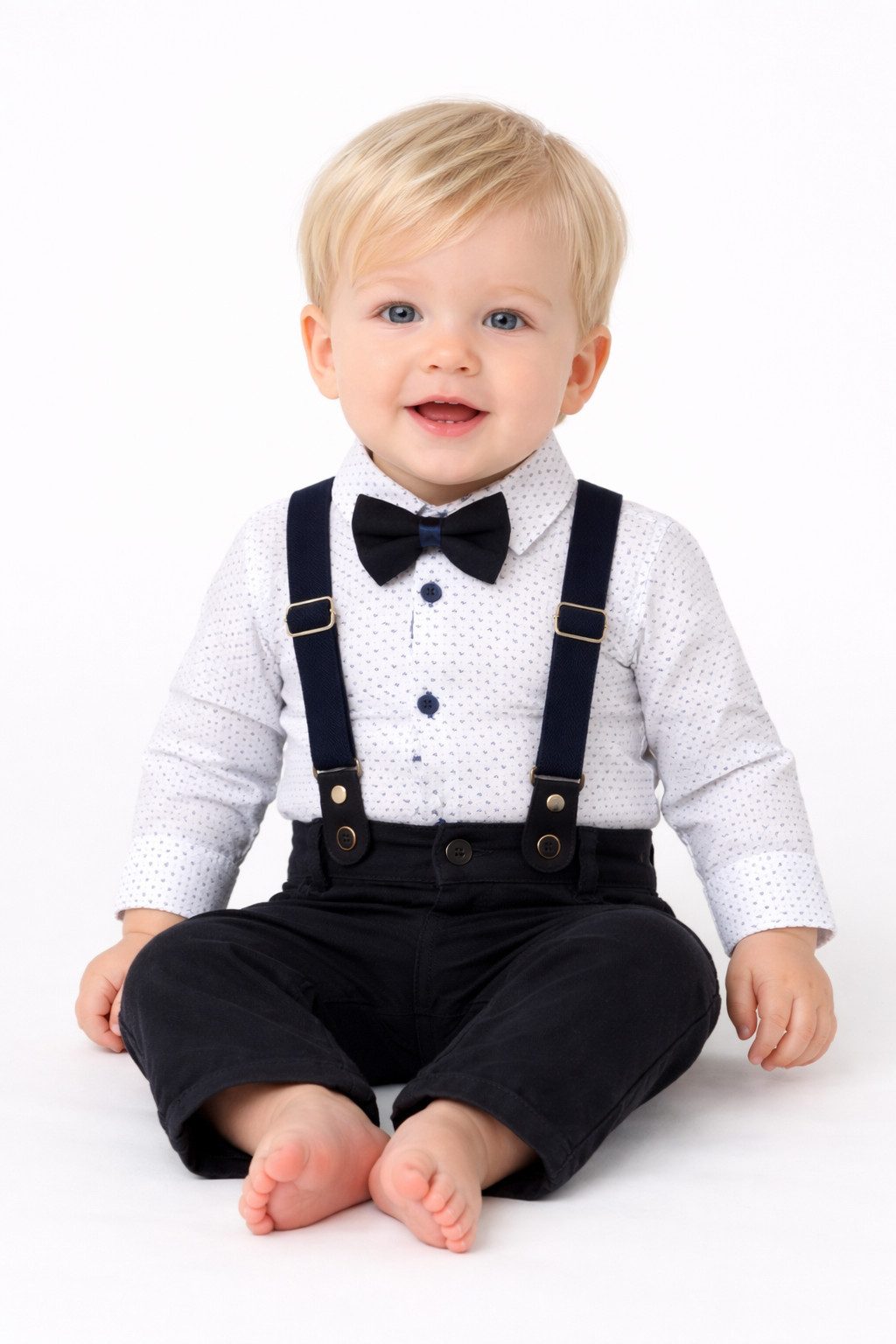 Lorey Medtec Anzug 4-teilig Baby Jungen Anzug, Body, Hose, Hosenträger, Fliege, 100% Baumwolle (Langarmbody + Hose + Hosenträger + Fliege) Tüll