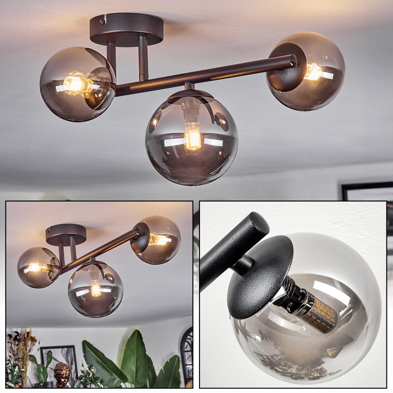 hofstein Deckenleuchte 3-flammige Deckenlampe aus Metall/Glas in Schwarz/Ra günstig online kaufen