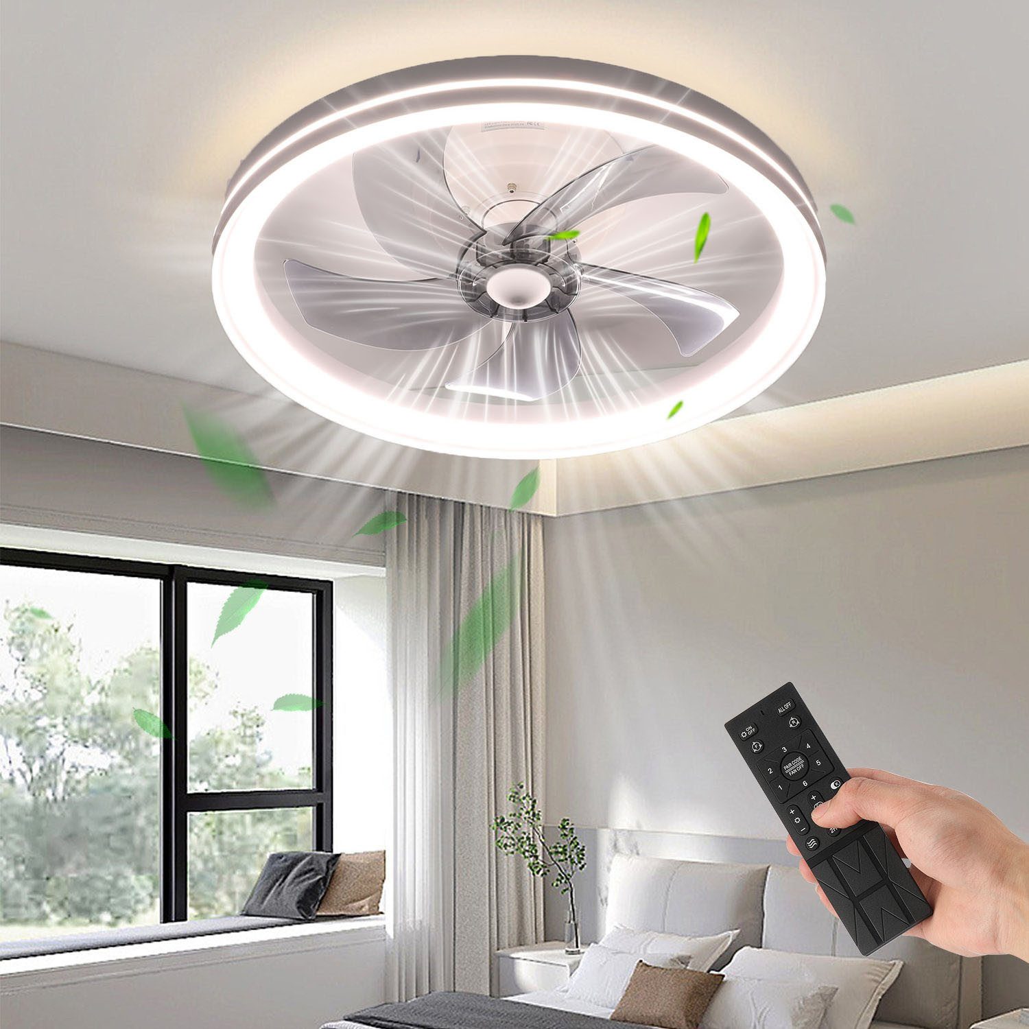 oyajia Deckenventilator 73W Deckenleuchte Dimmbar, Leise Deckenventilator 6 Geschwindigkeiten, LED Deckenbeleuchtung mit Ventilator für Wohnzimmer Schlafzimmer Küche