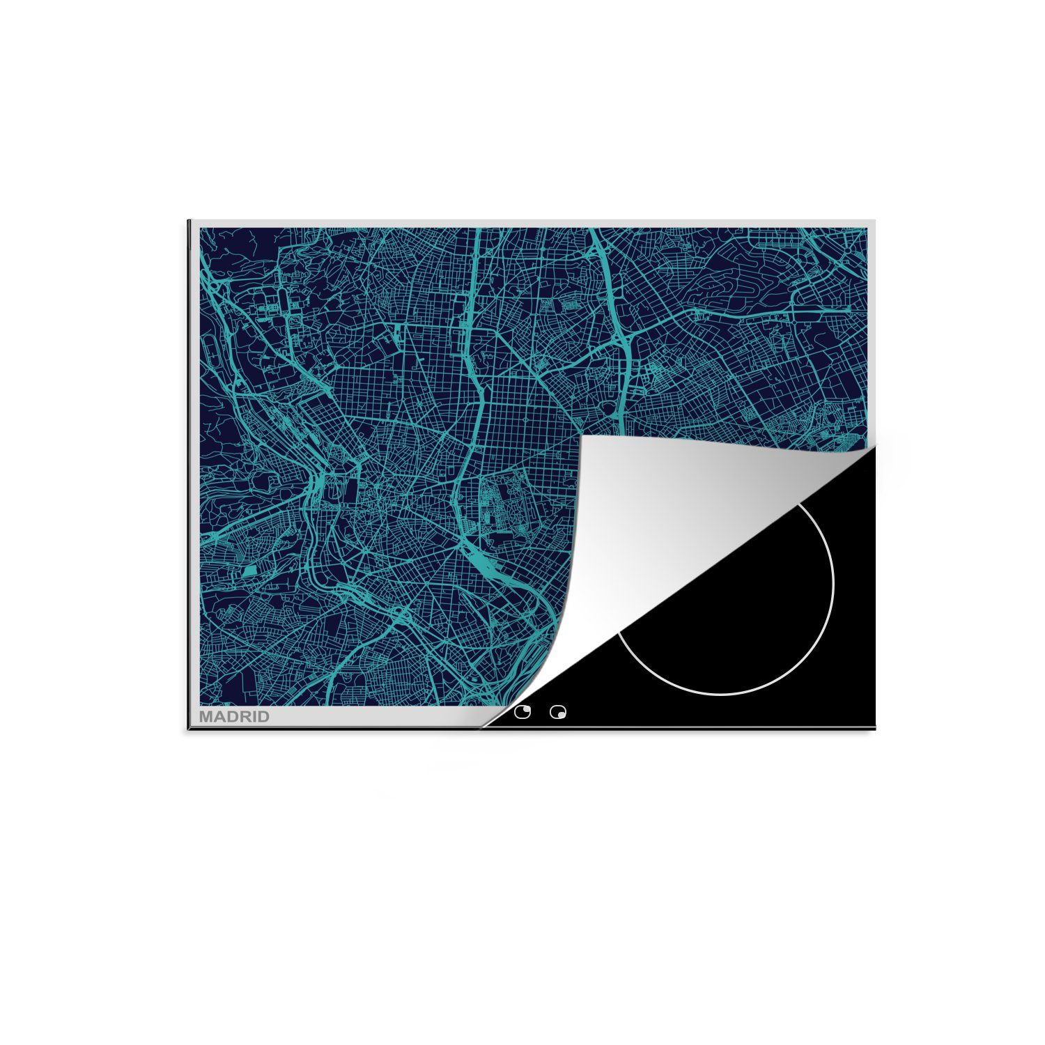 MuchoWow Herdblende-/Abdeckplatte Blaue Illustration der Straßen von Madrid, Vinyl, (1 tlg), 60x52 cm, Mobile Arbeitsfläche nutzbar, Ceranfeldabdeckung