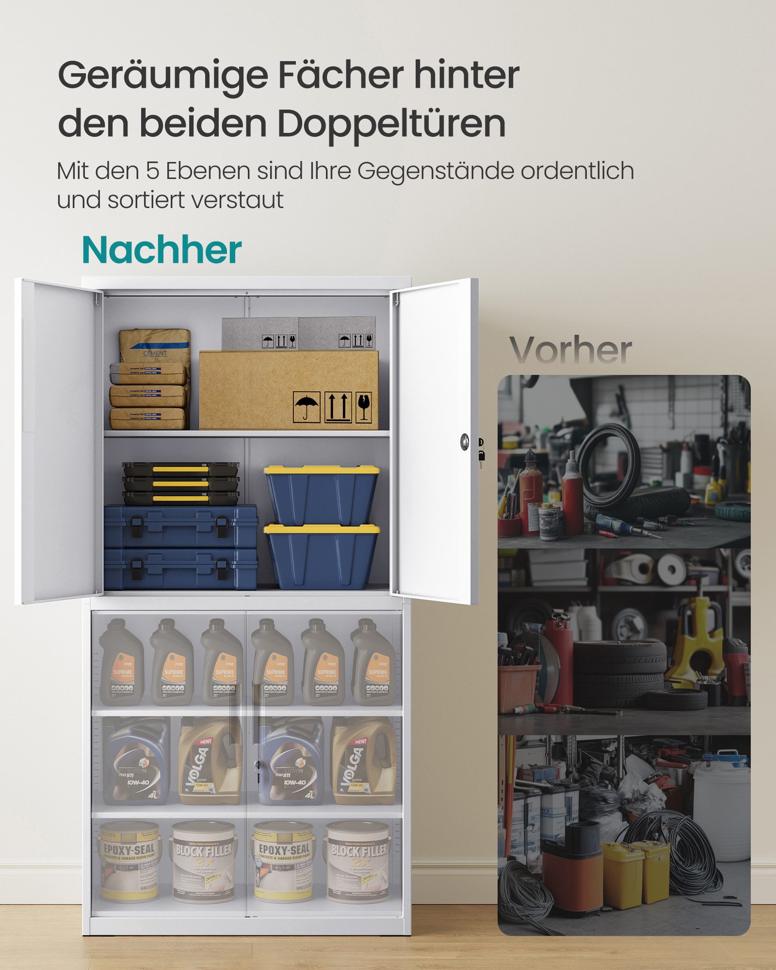 SONGMICS Aktenschrank Mehrzweckschrank, Stahl-Aufbewahrungsschrank, 5 Ebenen 4 Türen, 40 x 60/80 x 180 cm, 2 Schlösser, verstellbare Ablagen