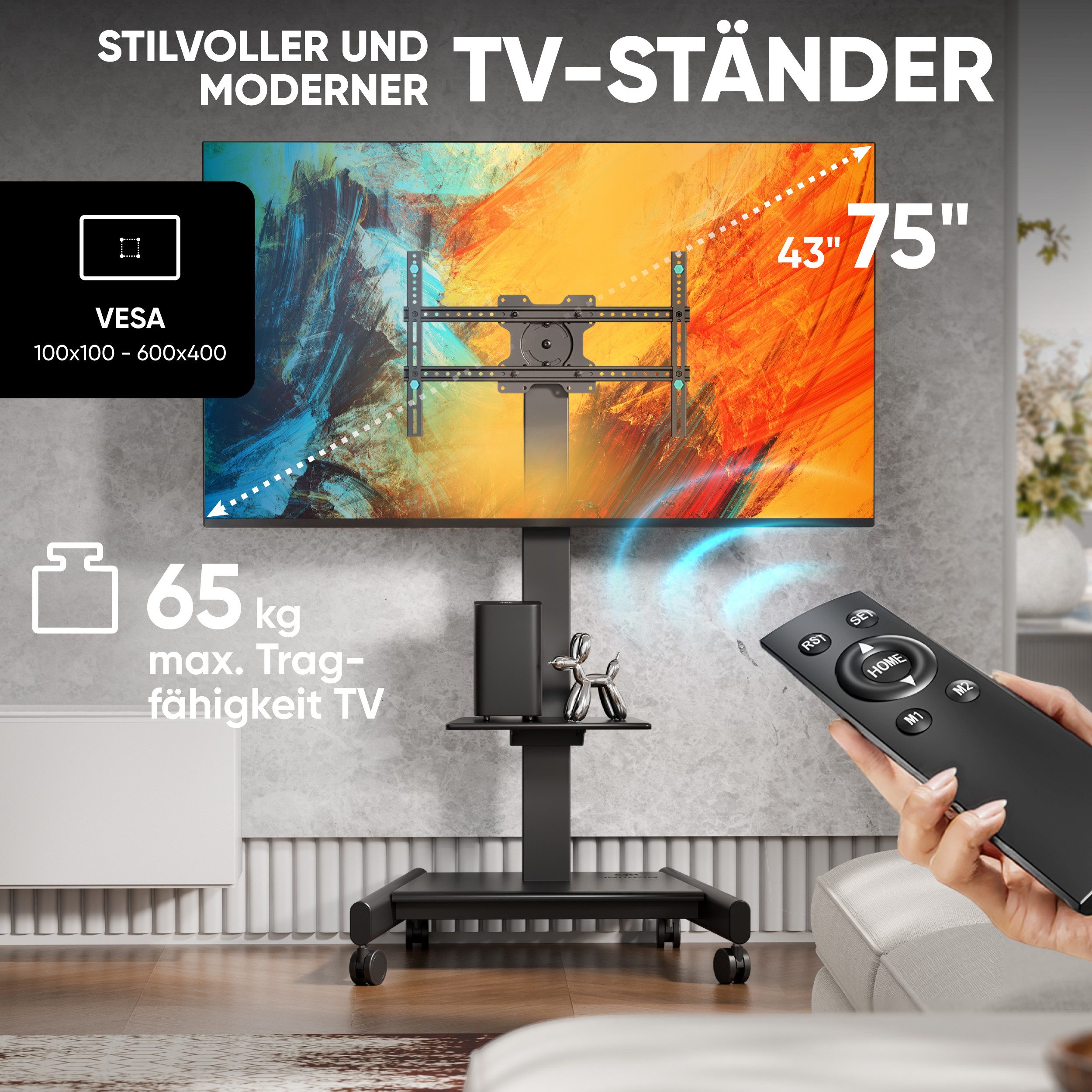 ONKRON TV-Ständer 43-75 Zoll, bis 70 kg, VESA 100x100-600x400, TS1552E-B, (bis 75 Zoll, elektrisch höhenverstellbar, rollbar, mit Ablage, Kabelmanagement)