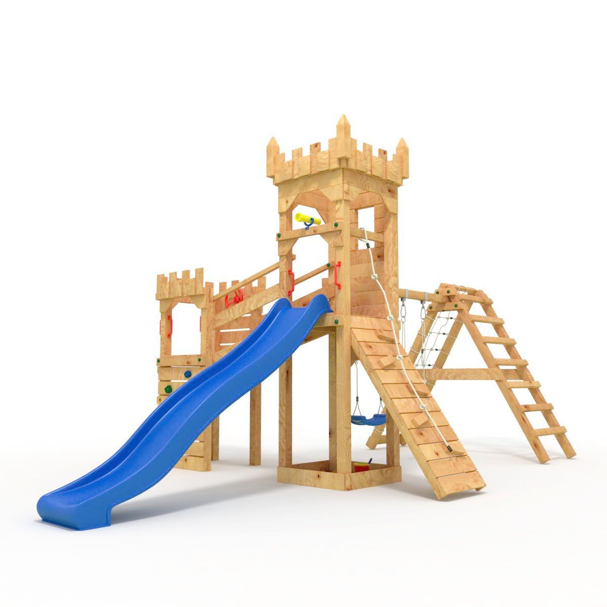 bibex Spielturm Ritterburg "XL150" LANGE Rutsche, 2x Türme, 2x Schaukel + Knotennetz
